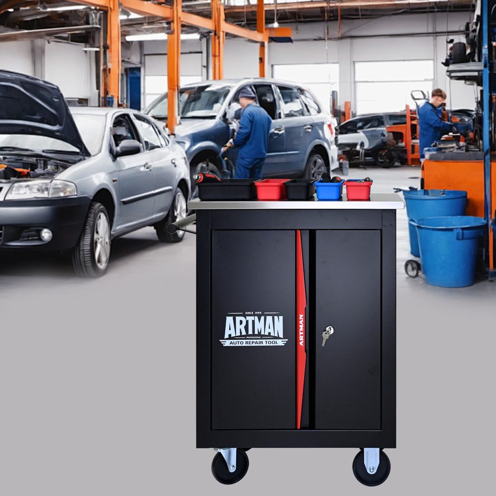 BBWL Werkstattwagen 2-Türig mit Rollen und Bremse 4 Räder Garagenwagen 78 cm, Werkzeugwagen Stahl Multifunktionswagen schwarz rot pulverbeschichtet