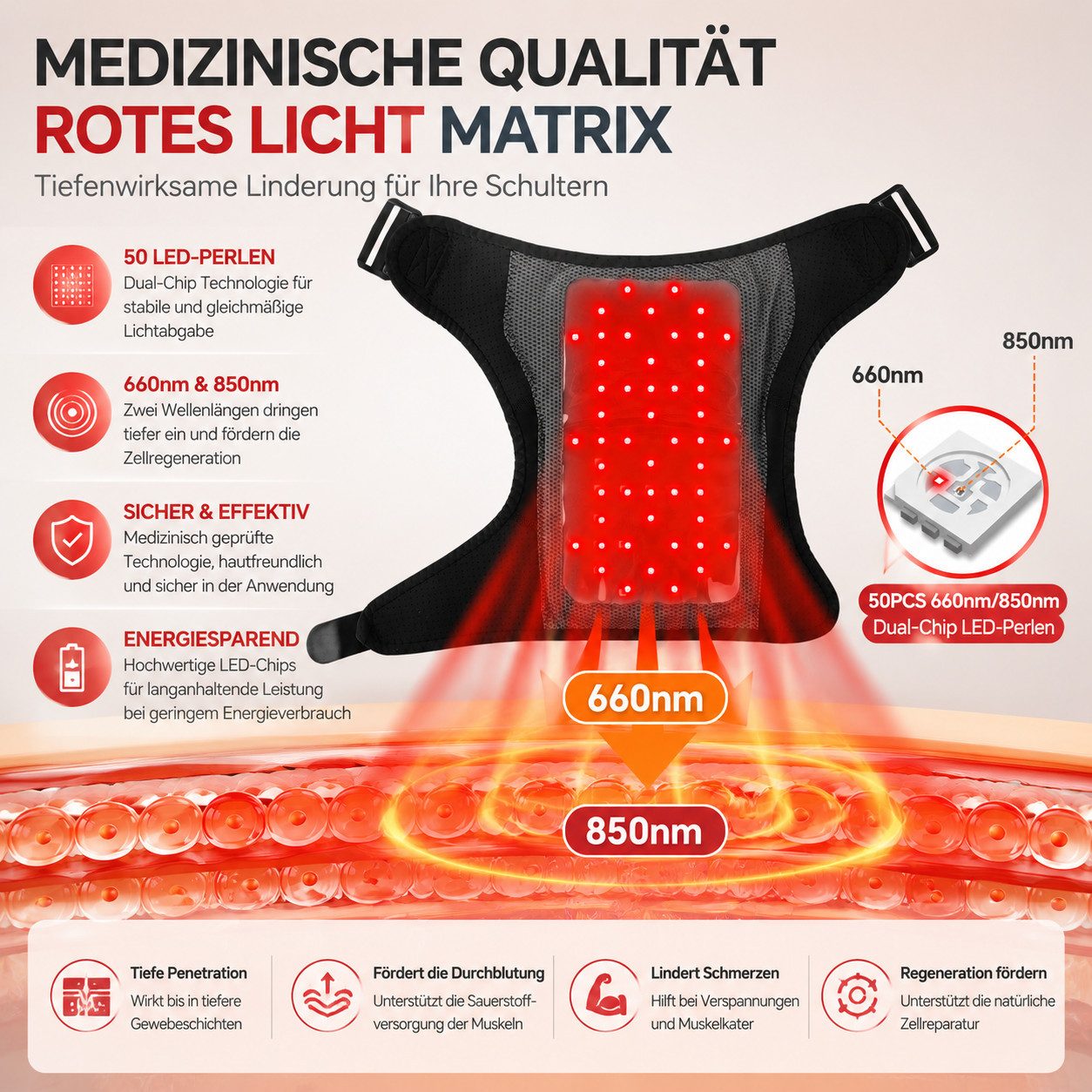 Fyrove Massagegerät Schulterwärmer, Rotlichtbandage mit Vibrationsmassage, Wellnessbandage für Nacken und Schulter, kabellos für Zuhause und Büro, Rotlicht, Nah – Bild 5 von 5