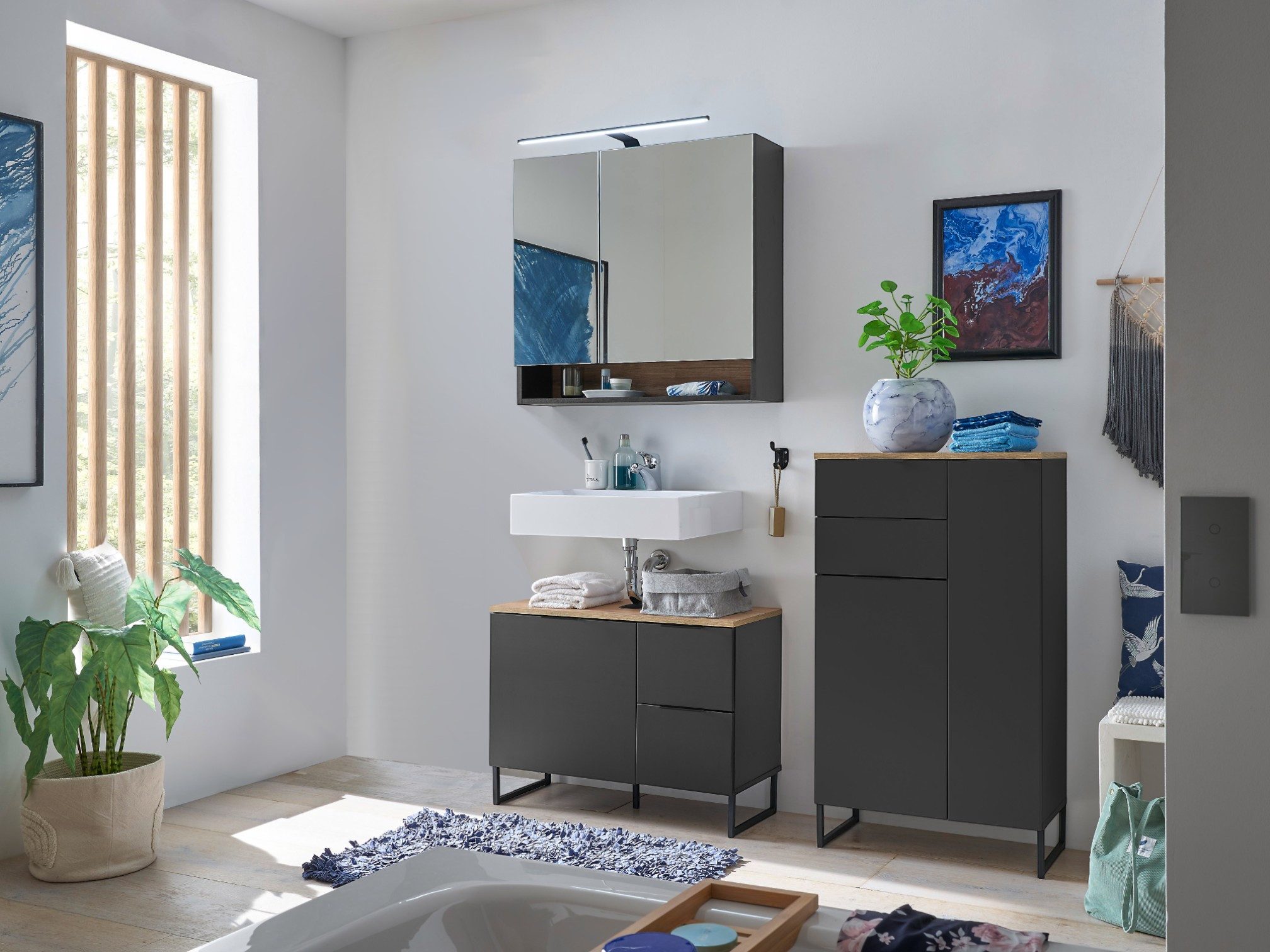 moebel-dich-auf Badmöbel-Set Aspen 80, (Set 3, Spiegelschrank, Wbu, Highboard, 3-St), Softclose