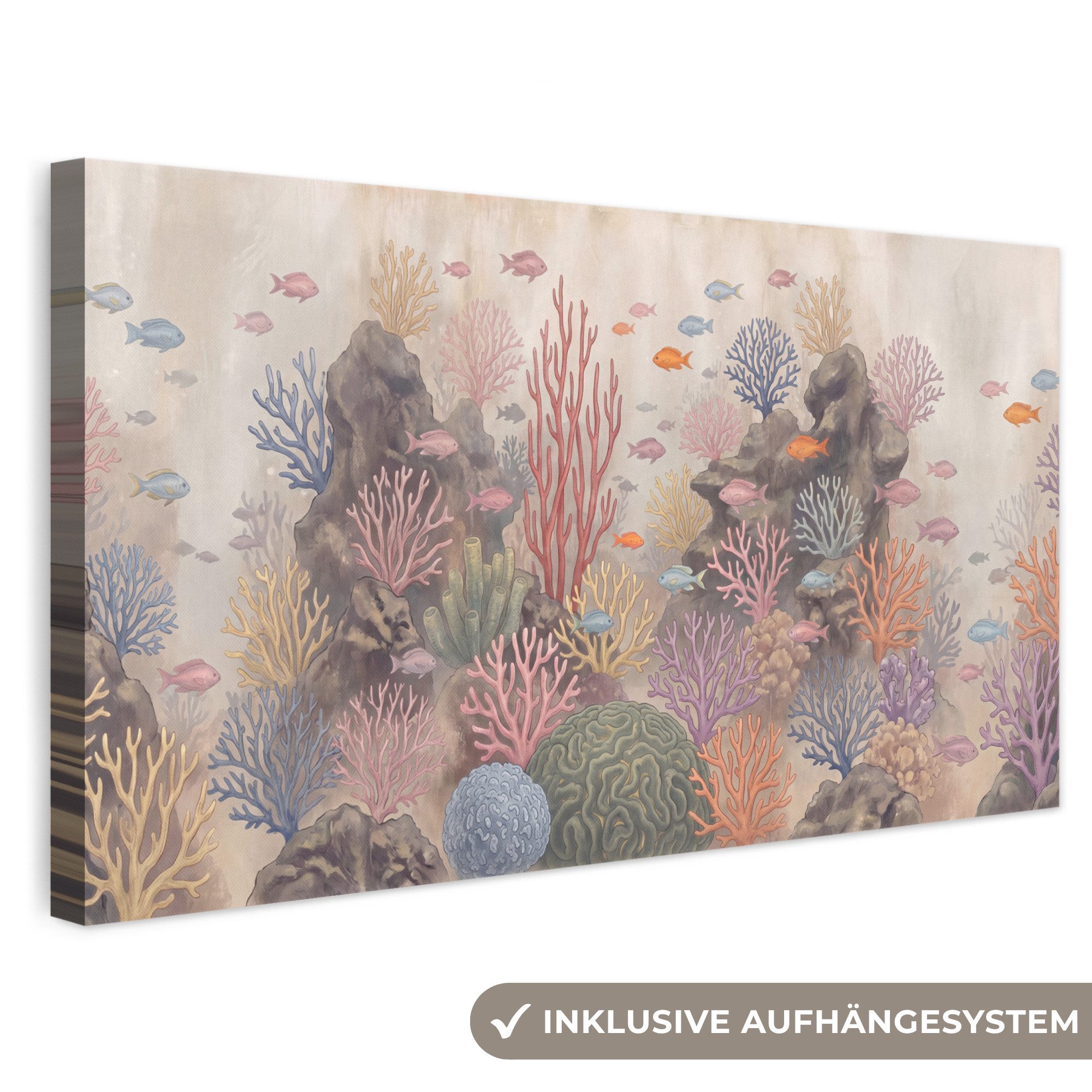 OneMillionCanvasses® Leinwandbild Panorama Fisch – Korallenriff – Unterwasserwelt – Illustration, Fotodruck (1 St), Wandbild, Deko Schlafzimmer Wohnzimmer Flur 40x20 cm