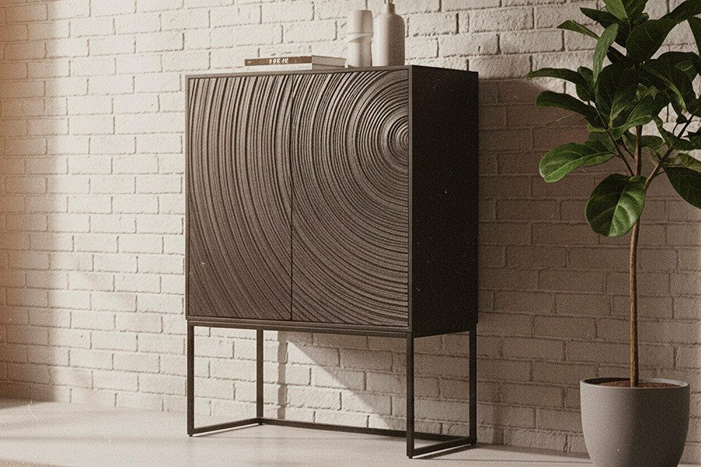 riess-ambiente Highboard ORBIT 120cm schwarz – Mangoholz, 3D-Front, Metall, Stauraum (Einzelartikel, 1 St), Massivholz-Hochschrank mit Designfront– ideal für moderne Wohnräume
