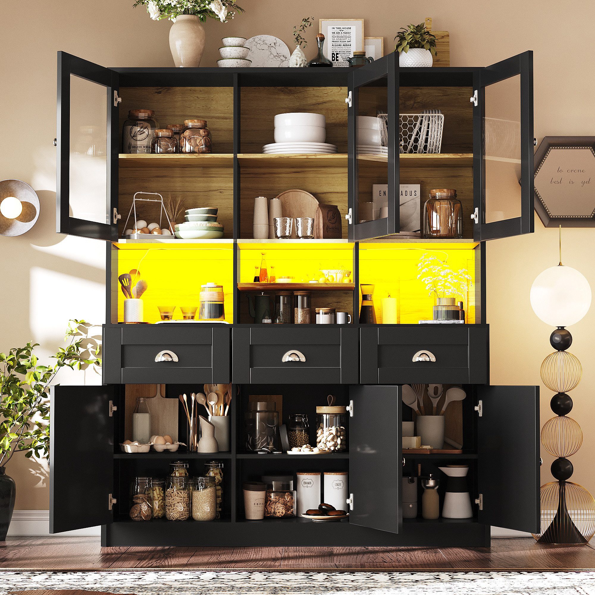 i@home Hochschrank Küchenschrank, Vitrinenschrank, schwarz/weiß, 140×40×175cm Mit Verstellbaren Ablagen und LED, Variable Lichtfarben per App – Bild 5 von 5