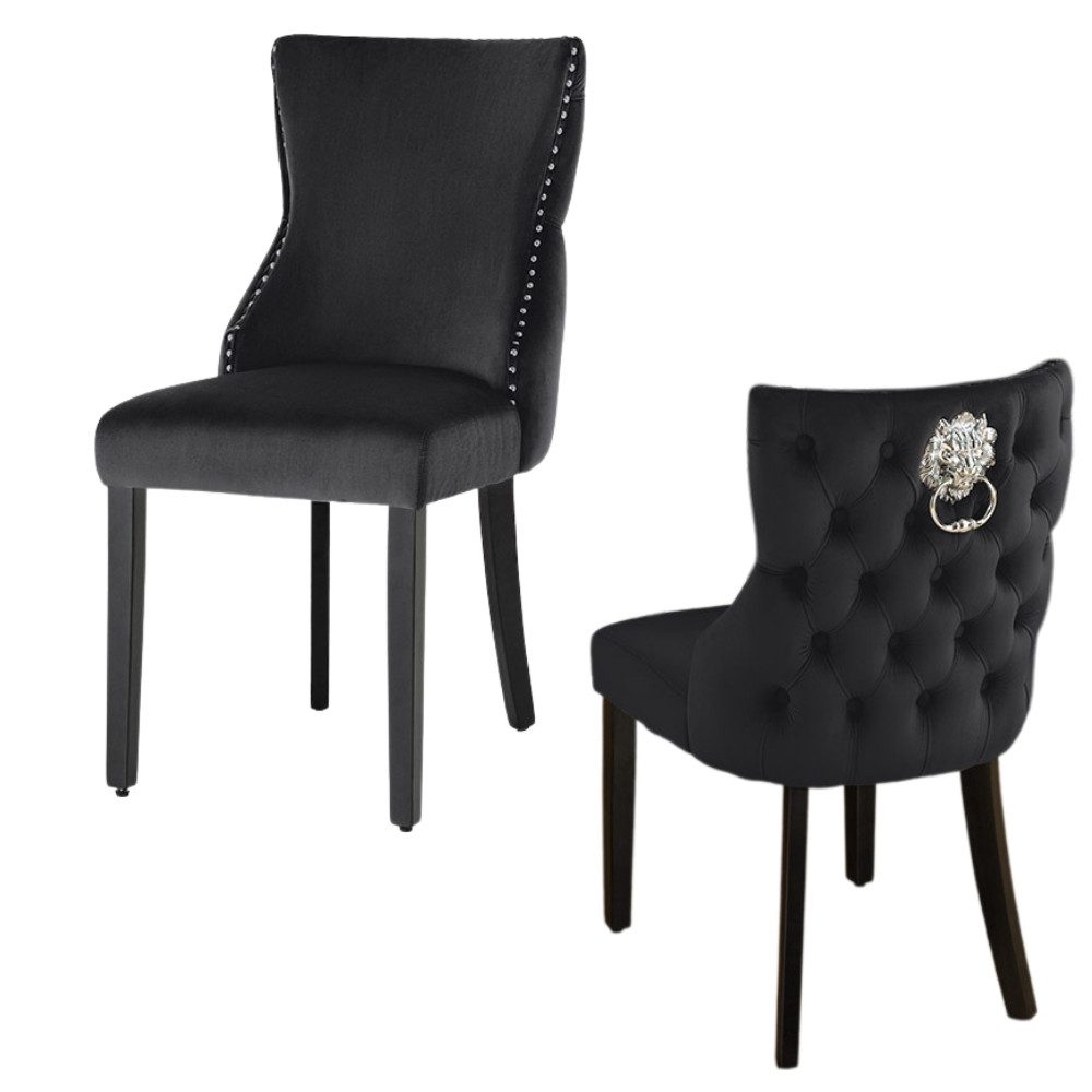 LebensWohnArt Stuhl Edler Stuhl LEON Samt schwarz Löwenkopf Nieten Chesterfield