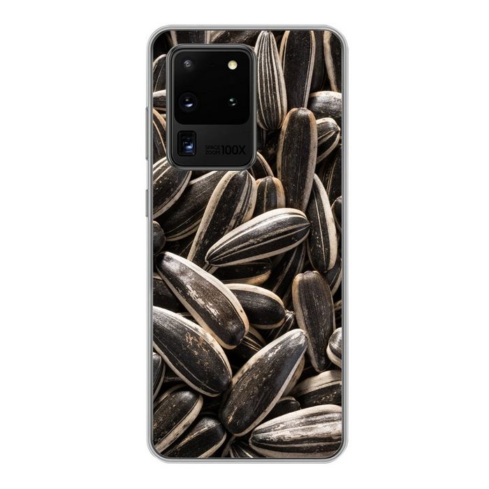 MuchoWow Handyhülle Nahaufnahme von schwarzen Sonnenblumenkernen Phone Case Handyhülle Samsung Galaxy S20 Ultra Silikon Schutzhülle