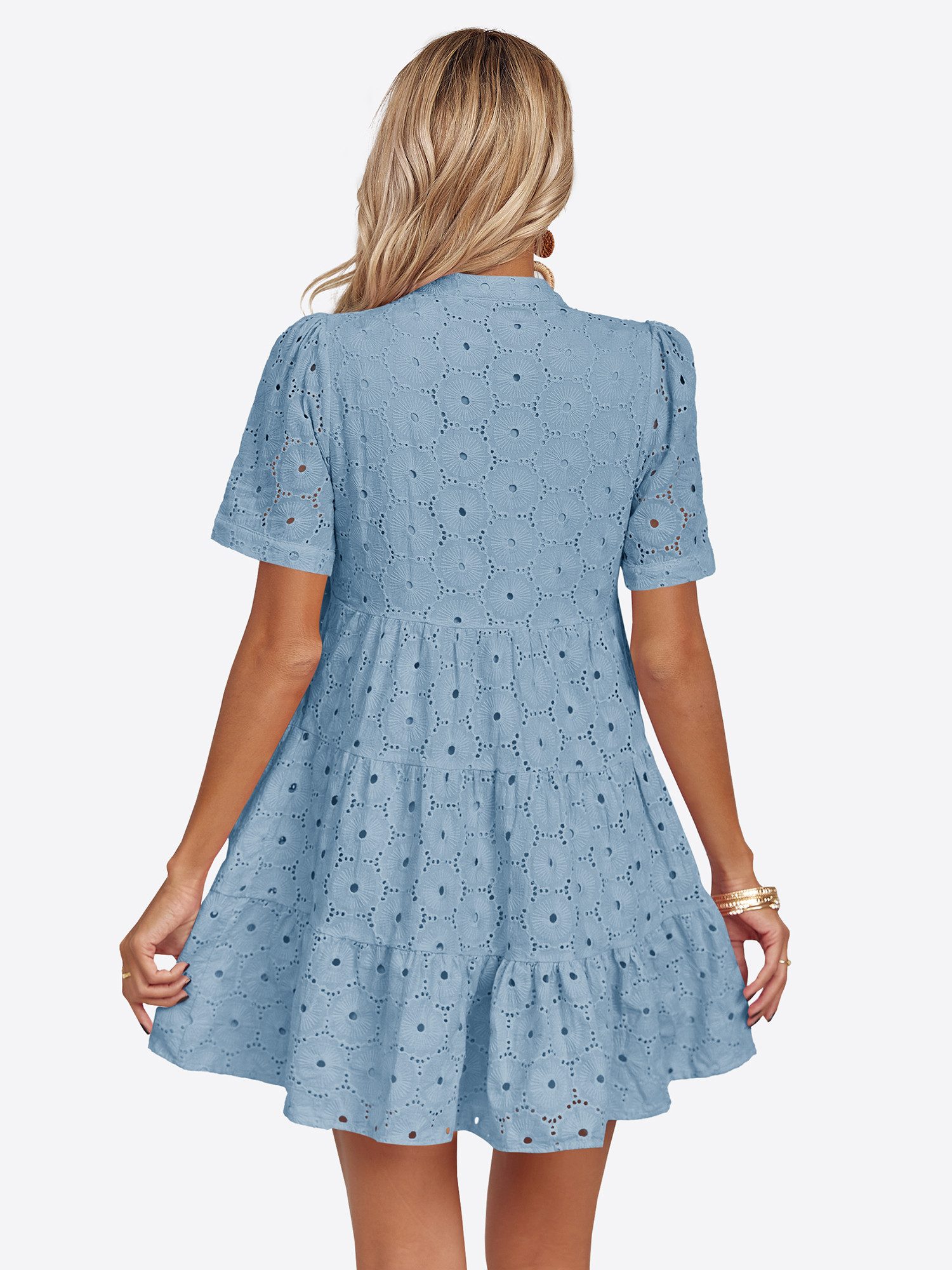 Imily Bela Spitzenkleid Damen Lochstickerei Freizeitkleid mit Puffärmeln (Packung, 1-tlg., 1per-Pack) mit V-Ausschnitt