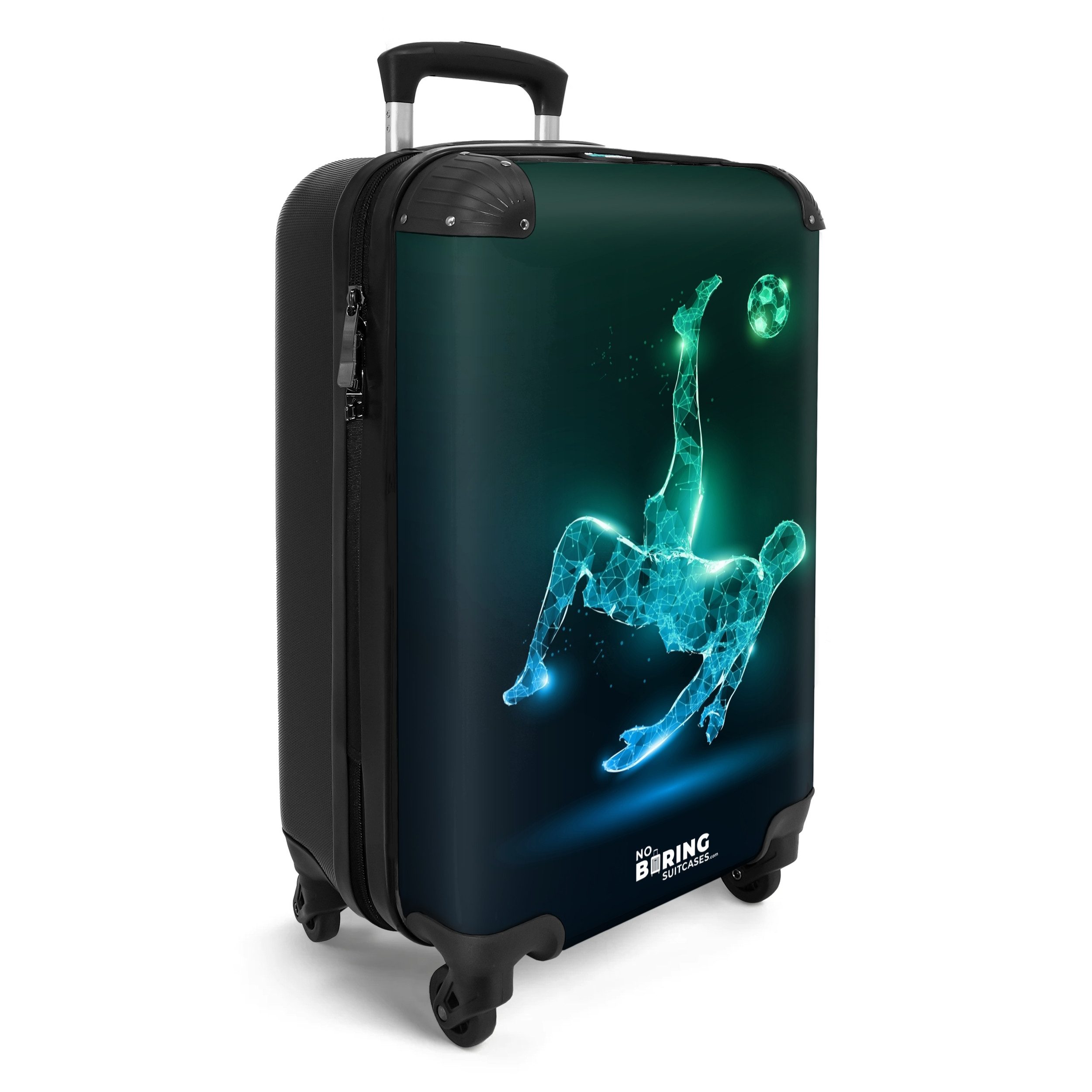 NoBoringSuitcases.com© Kinderkoffer Silhouette eines Fußballspielers in Grün und Blau 55x35x20cm, 4 Rollen, Handgepäck Koffer, Hartschalenkoffer Kinder, Reisekoffer Jungen