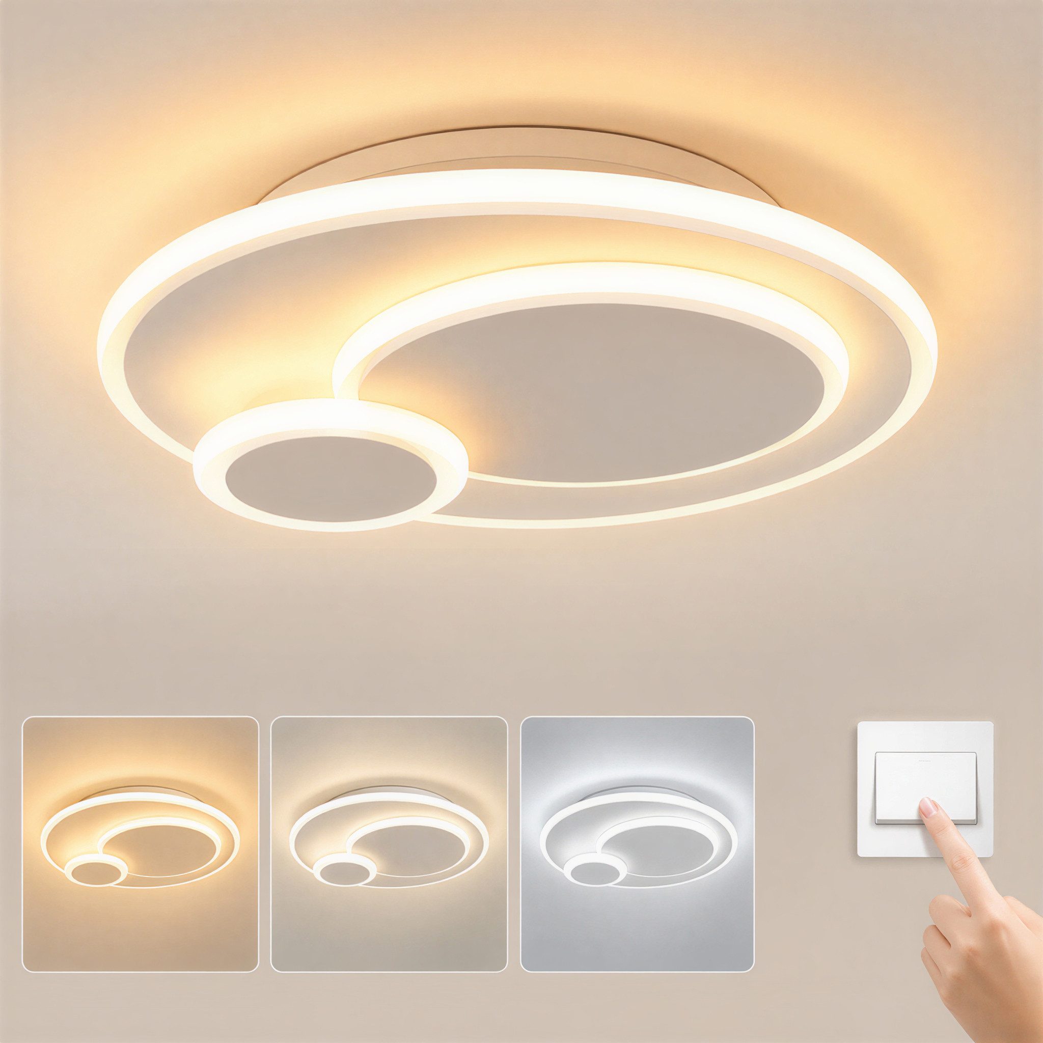 BlingBin Deckenleuchte 23W, 3000K/4500K/6500K Deckenlampe Kinderzimmerlampe, Memory Funktion, LED fest integriert, Warmweiß, Neutralweiß, Kaltweiß, Deck Licht Kinderzimmer für Wohnzimmer, Schlafzimmer, Babyzimmer