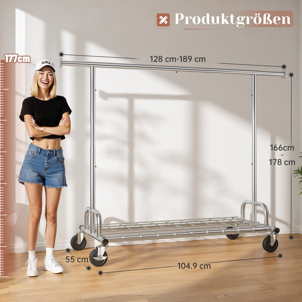 Klyvvo Kleiderständer auf Rollen, Ausziehbare Schwerlast Kleiderständer Stabil mit Rollen, (1 St), Kleiderstange aus Metall für Kleider, Pullover, Mäntel, Clothes Rack