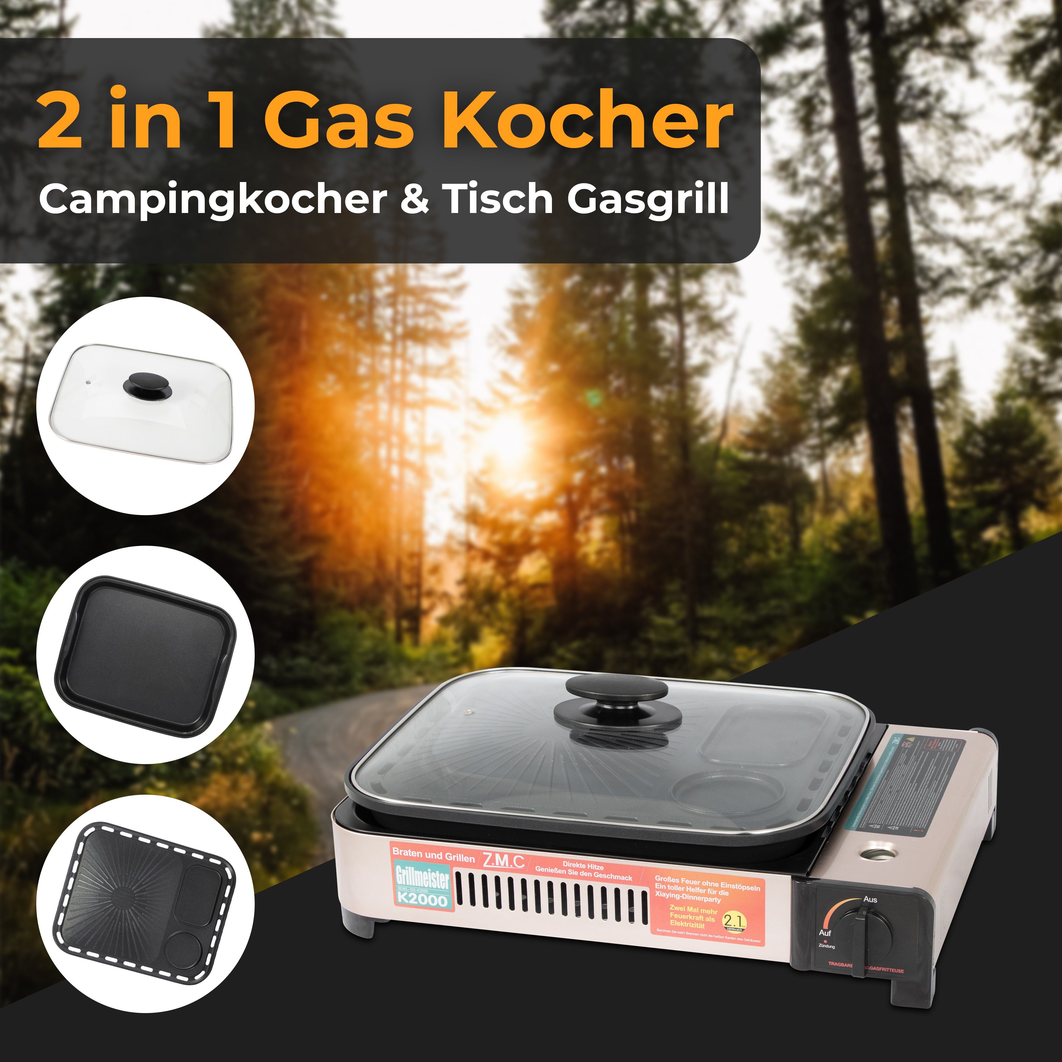 ZMC Gaskocher 2in1 Gas Grillpfanne+Transportkoffer Kocher Grillplatte Kochfeld), Herd (Gaskocher Gasgrill Camping Kocher Outdoor Outdoor Tischgrill 2.1KW Campingkocher Camping, Tragbarer