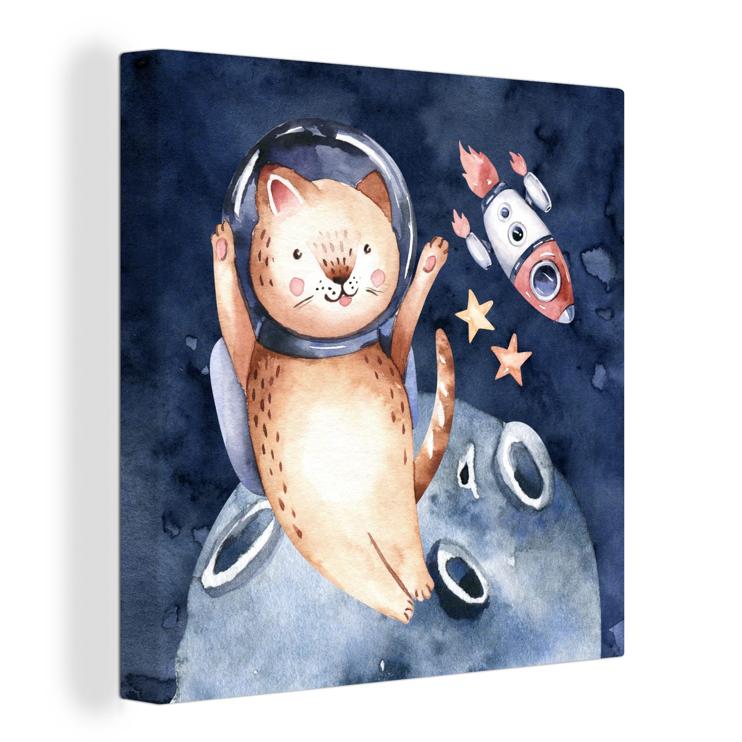 OneMillionCanvasses® Leinwandbild Weltraum - Rakete - Katze - Kind - Jungen - Mädchen - Kinder, (1 St), Leinwand Bilder für Wohnzimmer Schlafzimmer