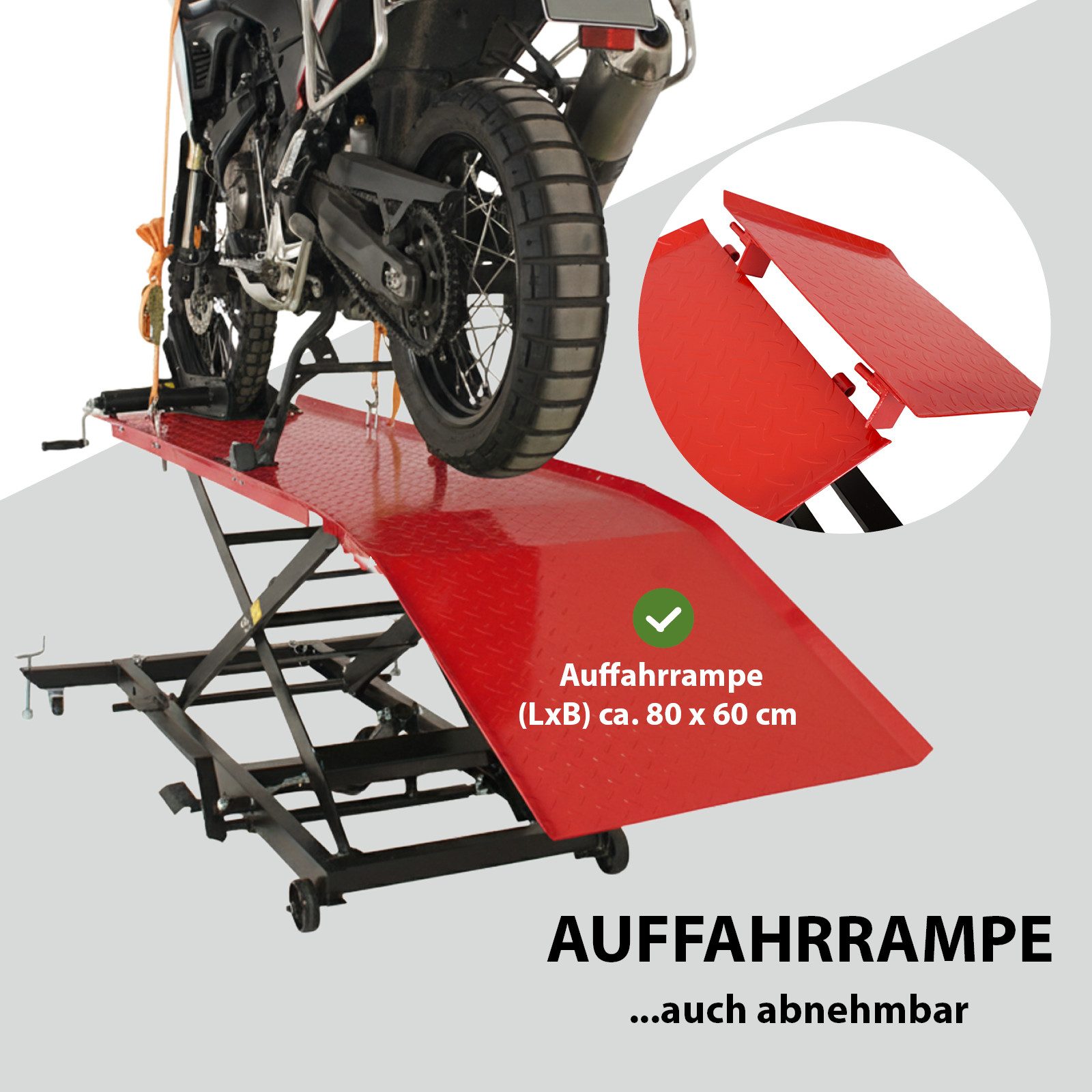 TRUTZHOLM Hydraulikheber Motorradhebebühne hydraulisch 560 kg Breite 60 cm Scherenheber rot, (Artikel, 1 St), Stufenloses Heben, kompakt verstaubar