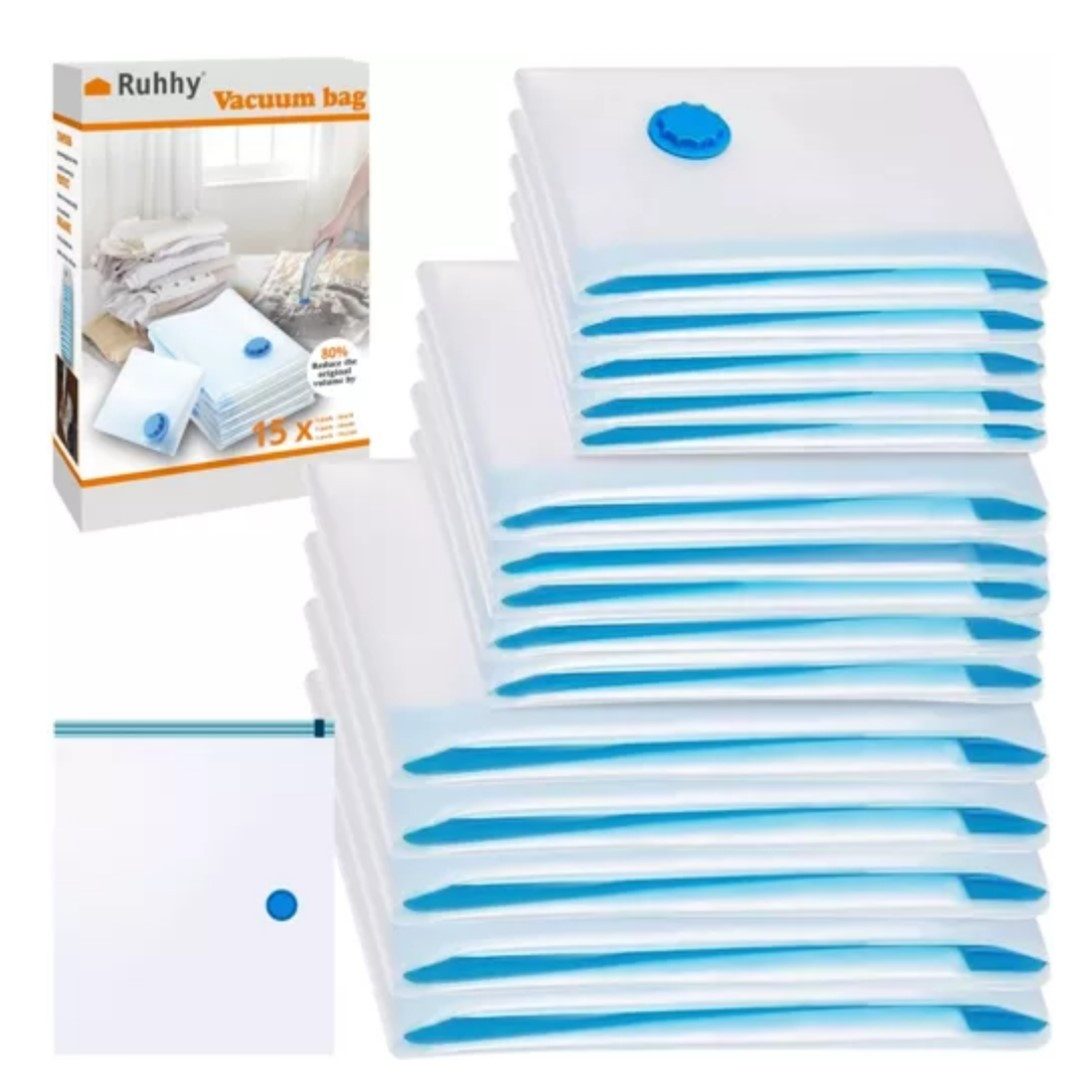 Ruhhy Vakuumierbeutel 15er Set Vakuumbeutel Vakuum Beutel Aufbewahrungsbeutel Kleiderbeutel, Zubehör für Staubsauger, Effizientes Platzsparen, robuste Materialien, wiederverwendbare Beutel