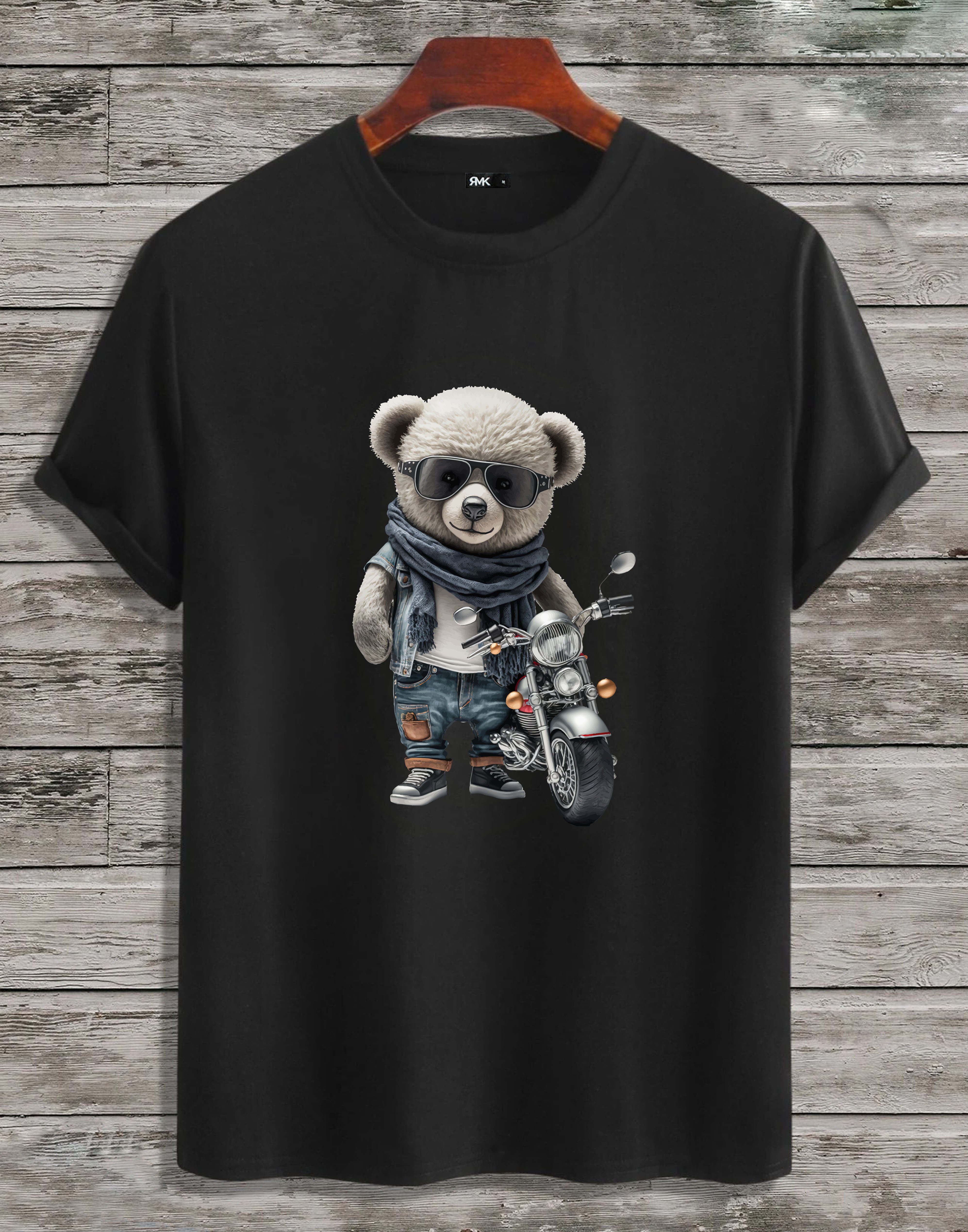 RMK T-Shirt Herren T-Shirt Rundhals mit Teddybär Motorrad Schwarz