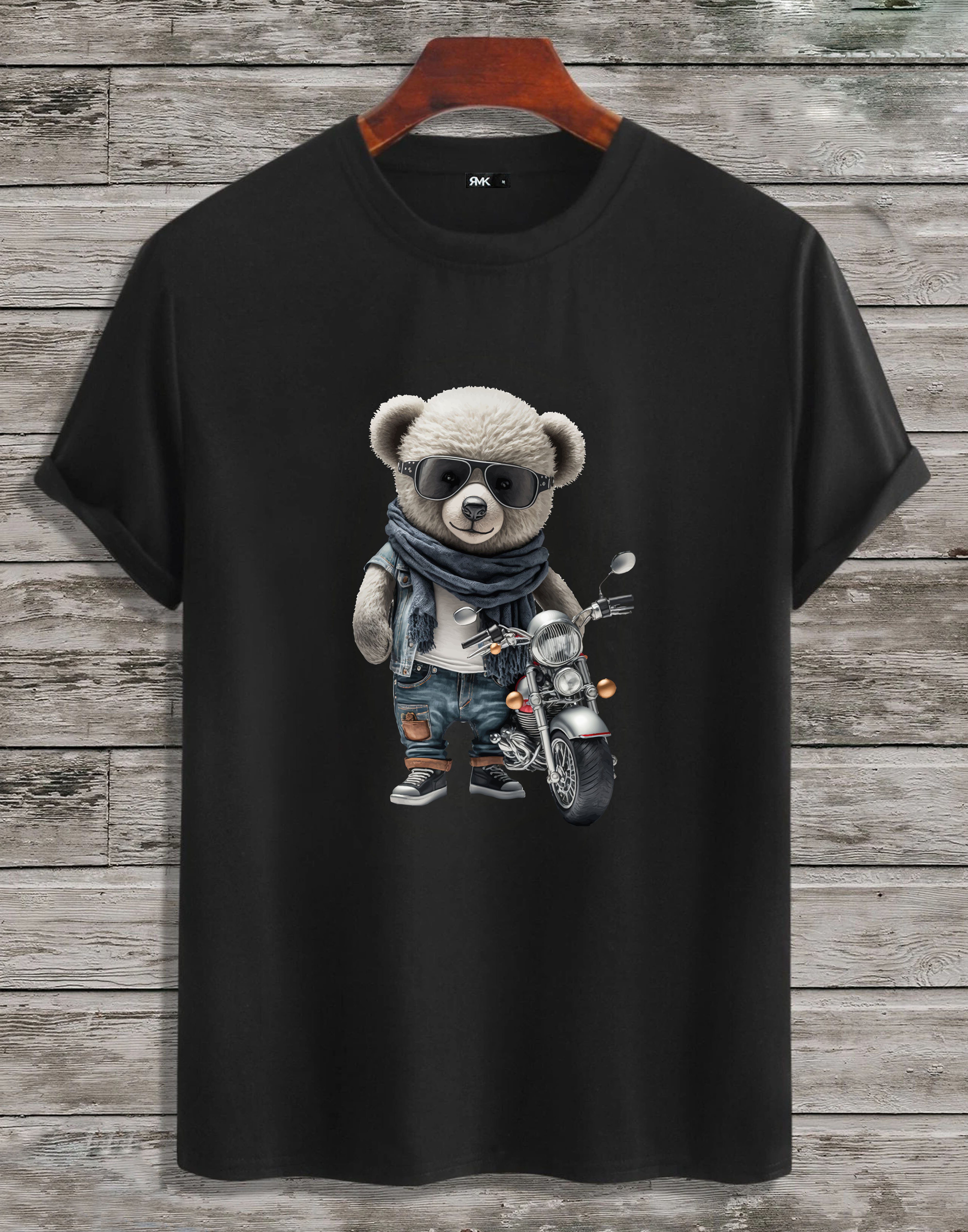 Motorrad T-Shirt Rundhals mit RMK T-Shirt Herren Teddybär Schwarz