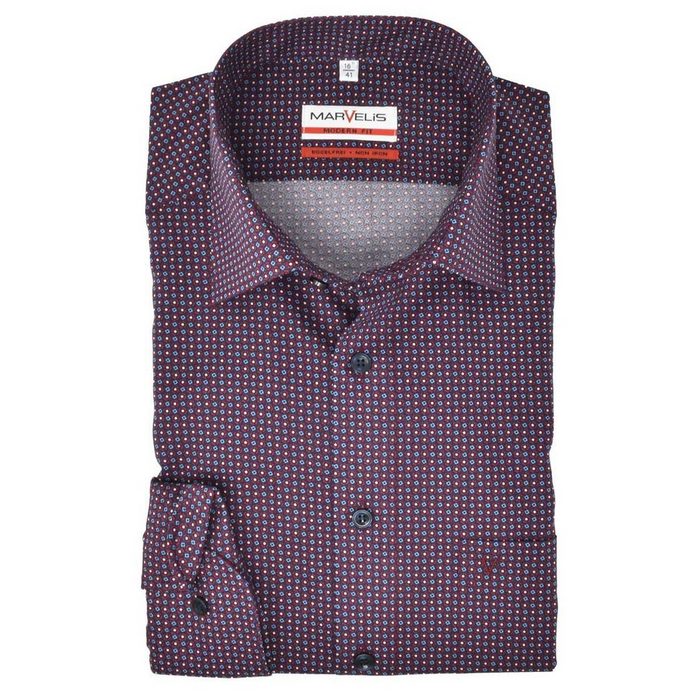 MARVELIS Businesshemd Businesshemd - Modern Fit - ELA - Muster - Bordeaux/Blau extra langer Arm mit Kontrastknöpfen