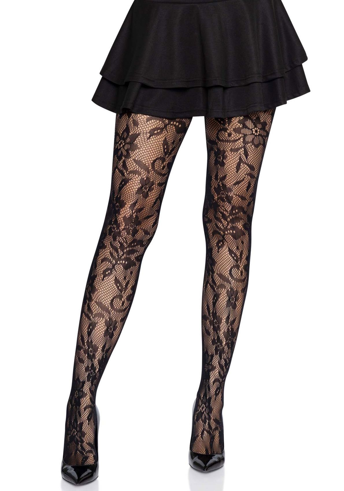 Strumpfhose Strumpfhose nahtlos mit Blumenspitze schwarz Einheitsgröße