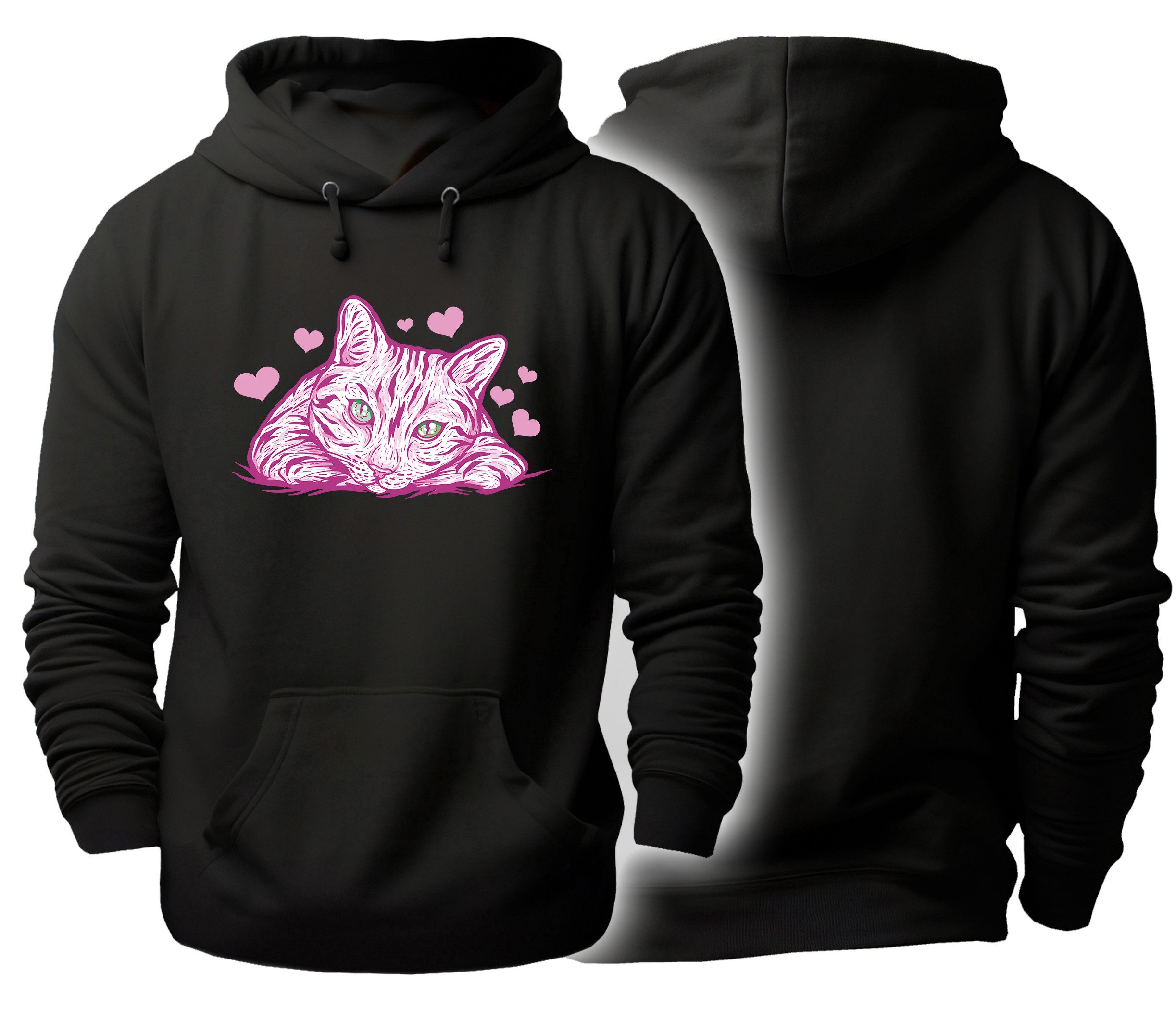 Hoodie Katzen Kapuzen Pulli - rosa Katze mit Herzen