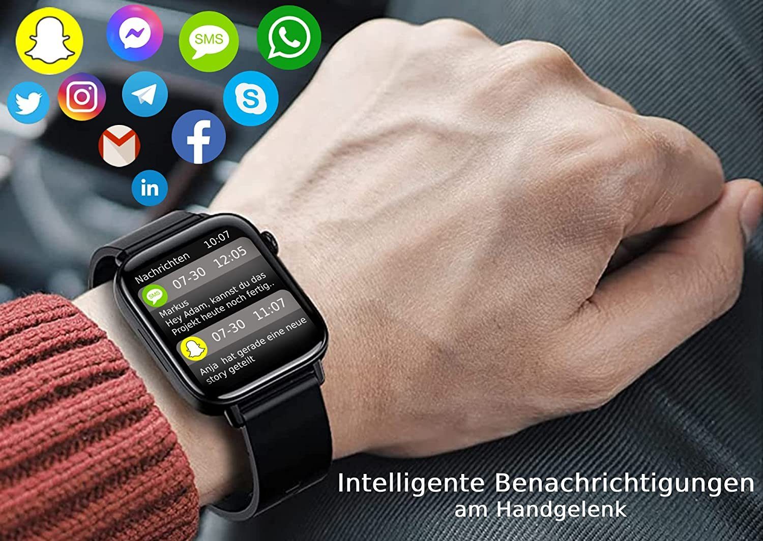 Smartwatch QS108 mit Spar Herzfrequenzmesser, Touchscreen (4,3 Blutdruckmessgerät von EKG-Daten, Manike Analyse Ladekabel, Zoll) Smartwatch deutscher Voll mit set, Bedienungsanleitung - HD cm/1,69''