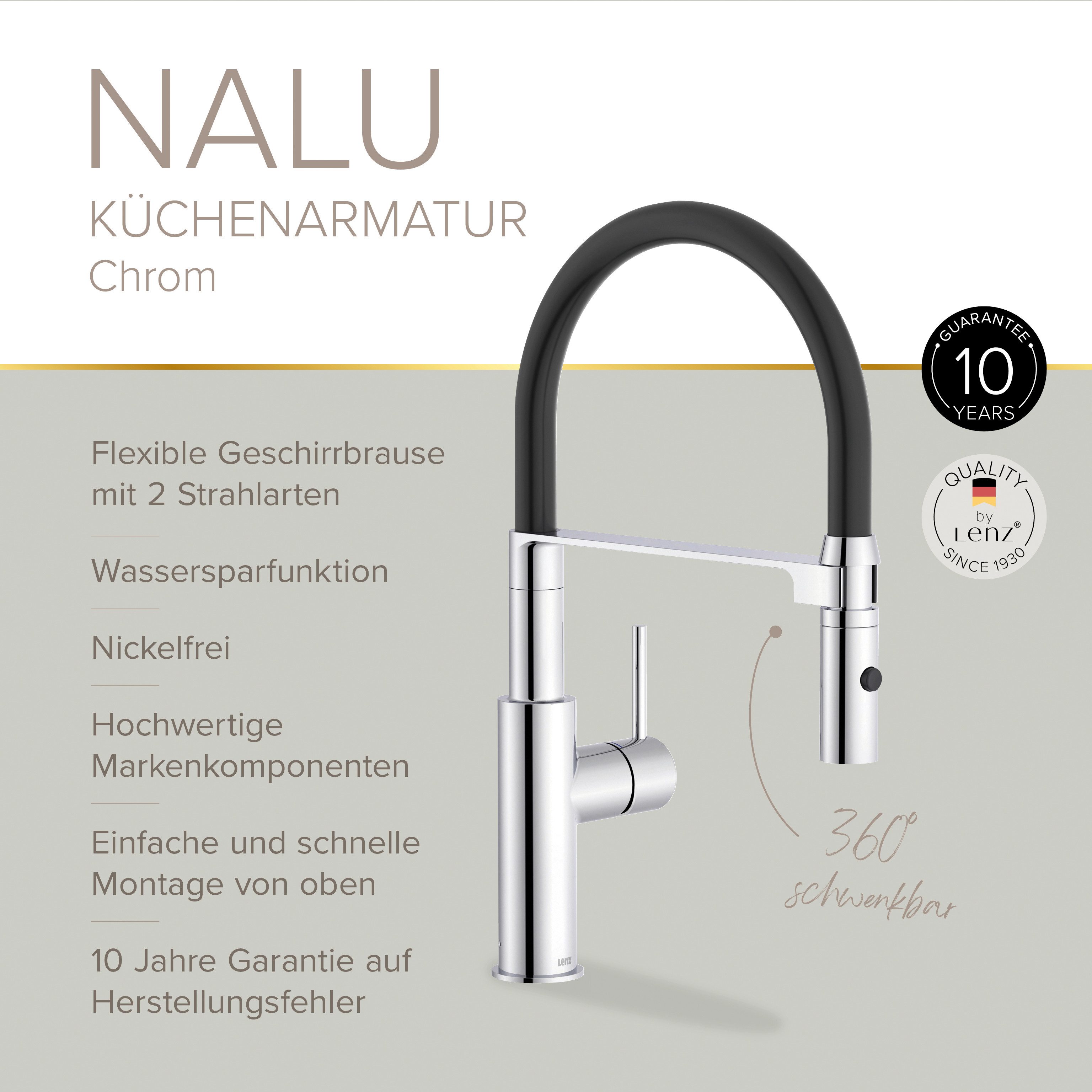 Lenz Küchenarmatur NALU Flexible Pendelbrause mit 2 Strahlarten