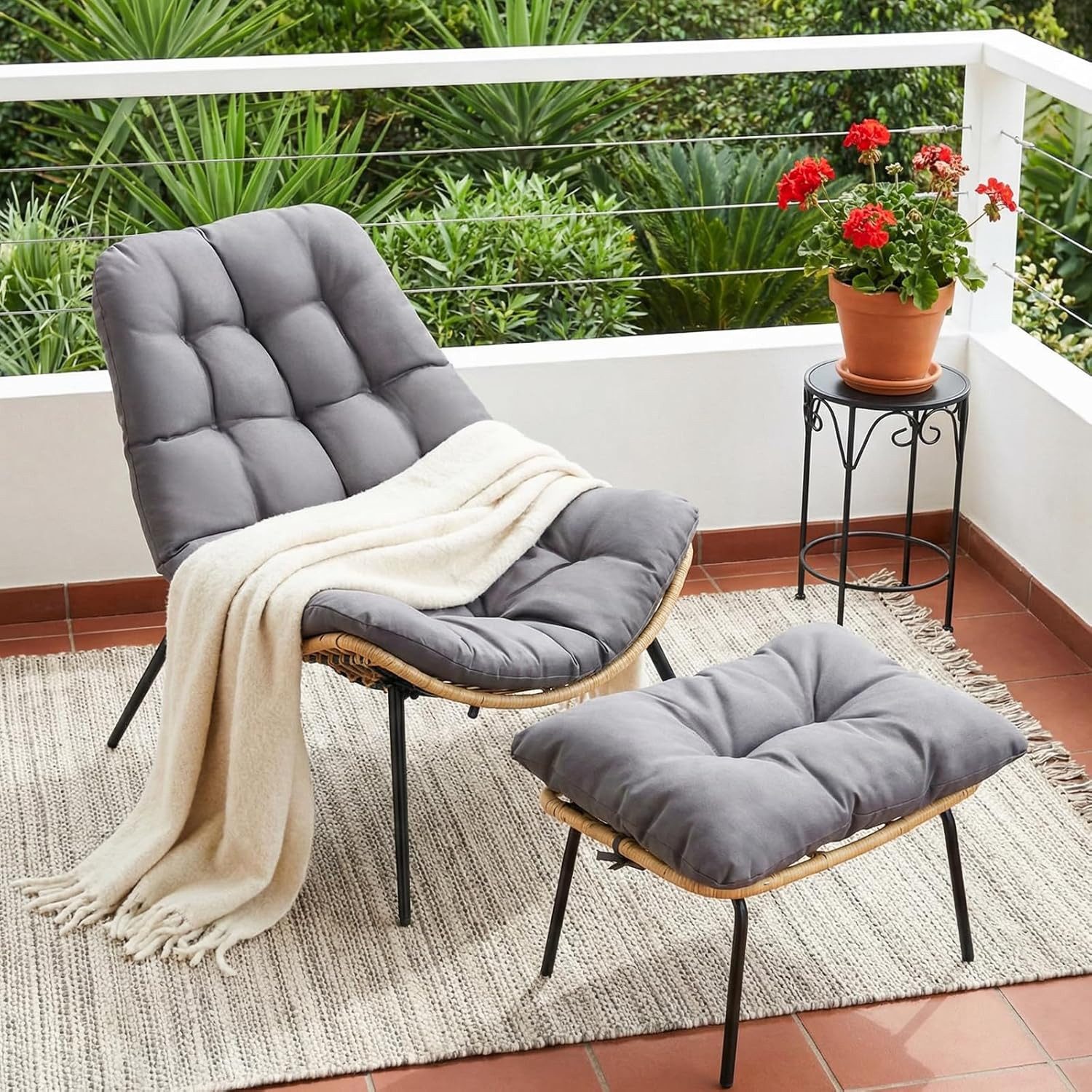 TLGREEN Loungesessel Rattan mit Hocker,Balkonsessel mit Abnehmbarem Kissen, (Waterproof Cushion), für Garten Balkon Wohnzimmer Hof Schlafzimmer Terrasse