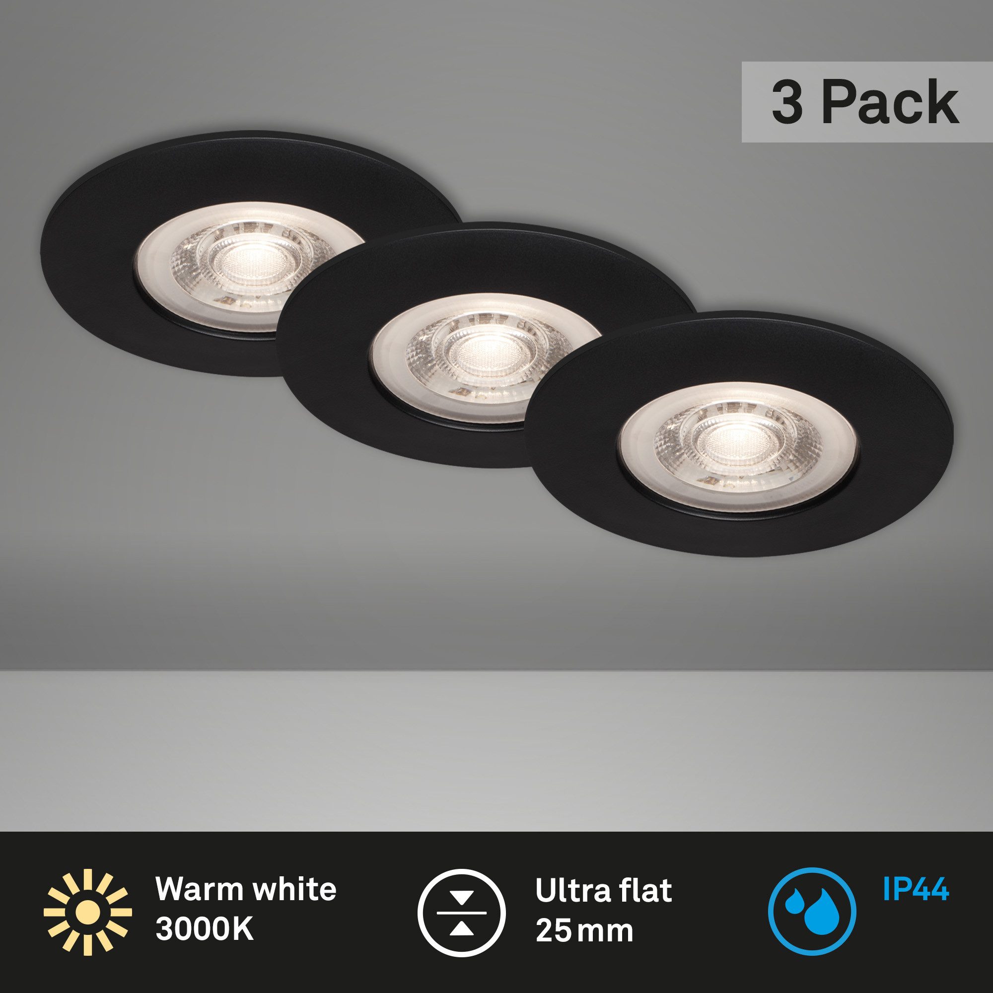 Briloner Leuchten LED Einbaustrahler Einbauleuchten Extra-Warmweiß 3er Set Bad IP44, LED fest integriert, 2700K - Extra - Warmweiß, Einbauleuchte 3er SET für Bad - IP44 Ø 9cm