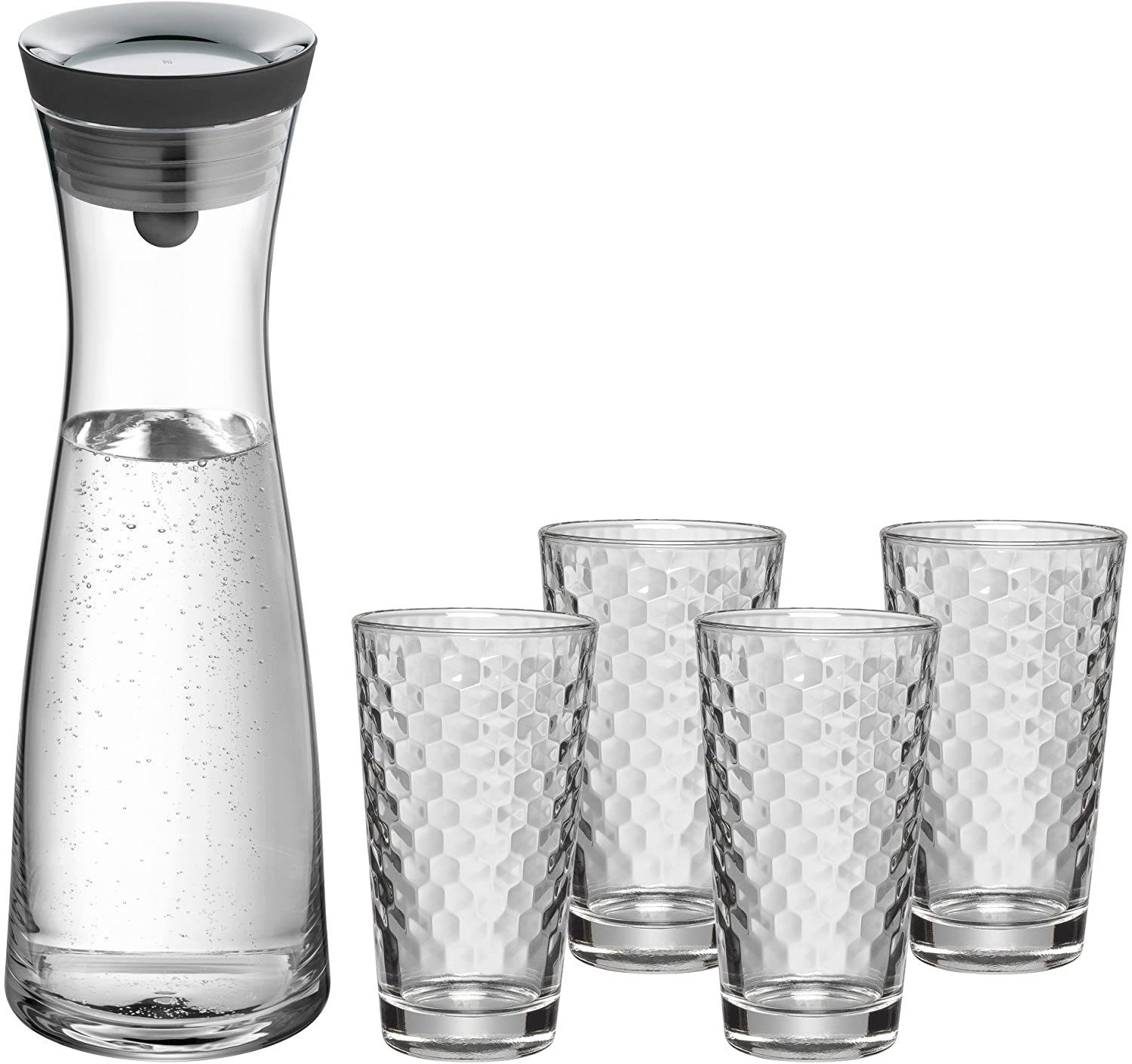 WMF Wasserkaraffe, (1x Glaskaraffe (Füllmenge 1,0 l, Höhe 29 cm), 4x Trinkglas (Füllmenge 275 ml, Höhe 14 cm), 5-tlg., 1x Glaskaraffe (1,0 l, Höhe 29 cm), 4x Trinkglas (275 ml, Höhe 14 cm)