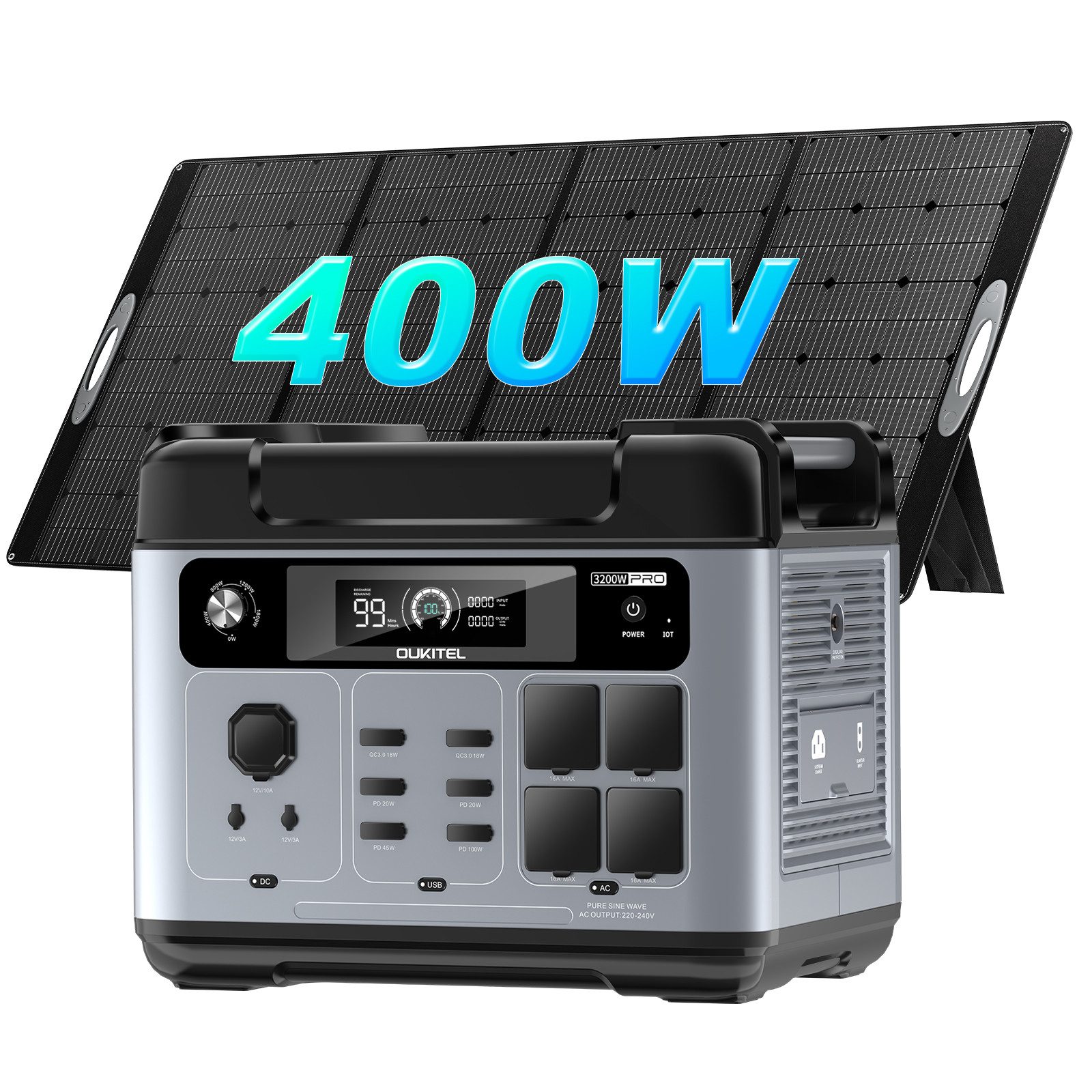OUKITEL Stromerzeuger P2001E Pro 3200W Tragbare Powerstation, 3,2 in kW, (LiFePO4-Akku, Mit 400W Solarpanel), Solargenerator mit 4 AC-Ausgängen 3200W, für Camping,Wohnmobil,Notfall