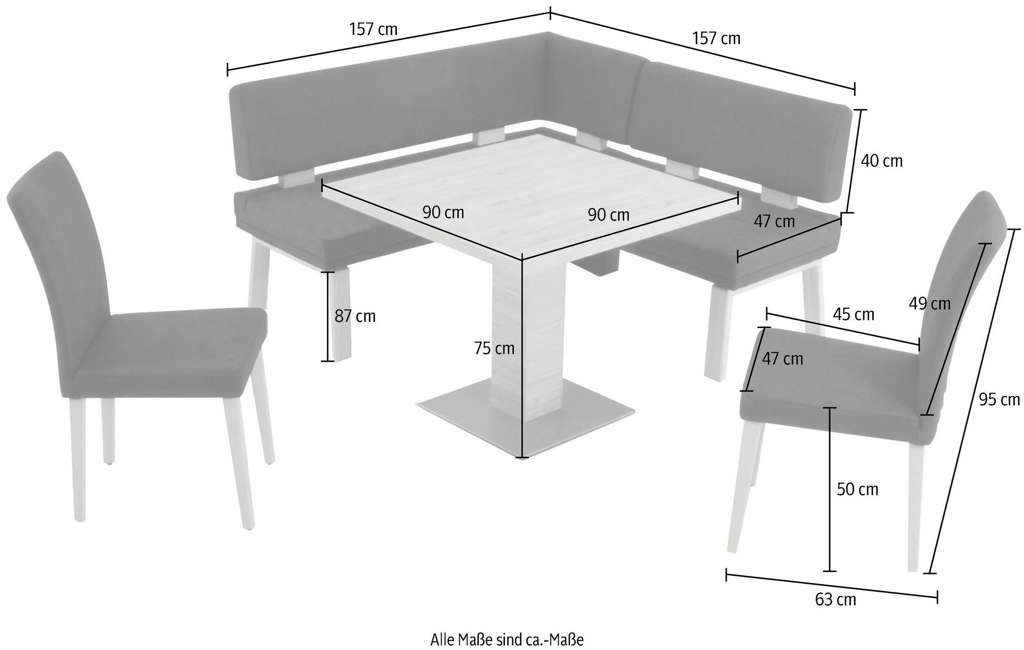 K+W Komfort und I, gleichschenklig Tisch & Eckbankgruppe 157cm, Eiche 90x90cm, zwei darkgrey Wohnen 4-Fußholzstühle Santos