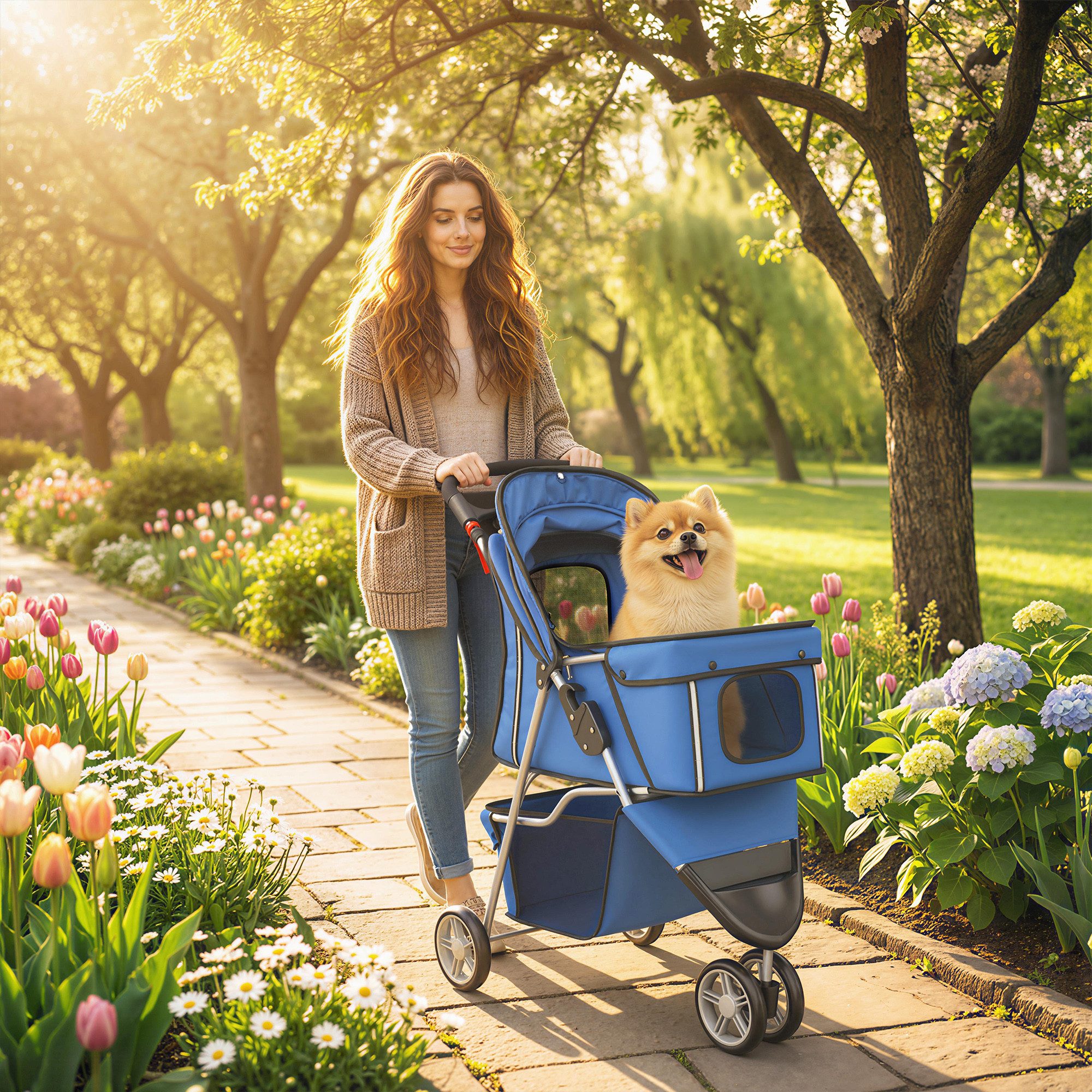 PawHut Hundebuggy Katzenwagen Haustierbuggy verstellbares Verdeck Aufbewahrungskorb, (Faltbar Hundewagen, 1-tlg), für kleine Hunde bis 10kg, Blau
