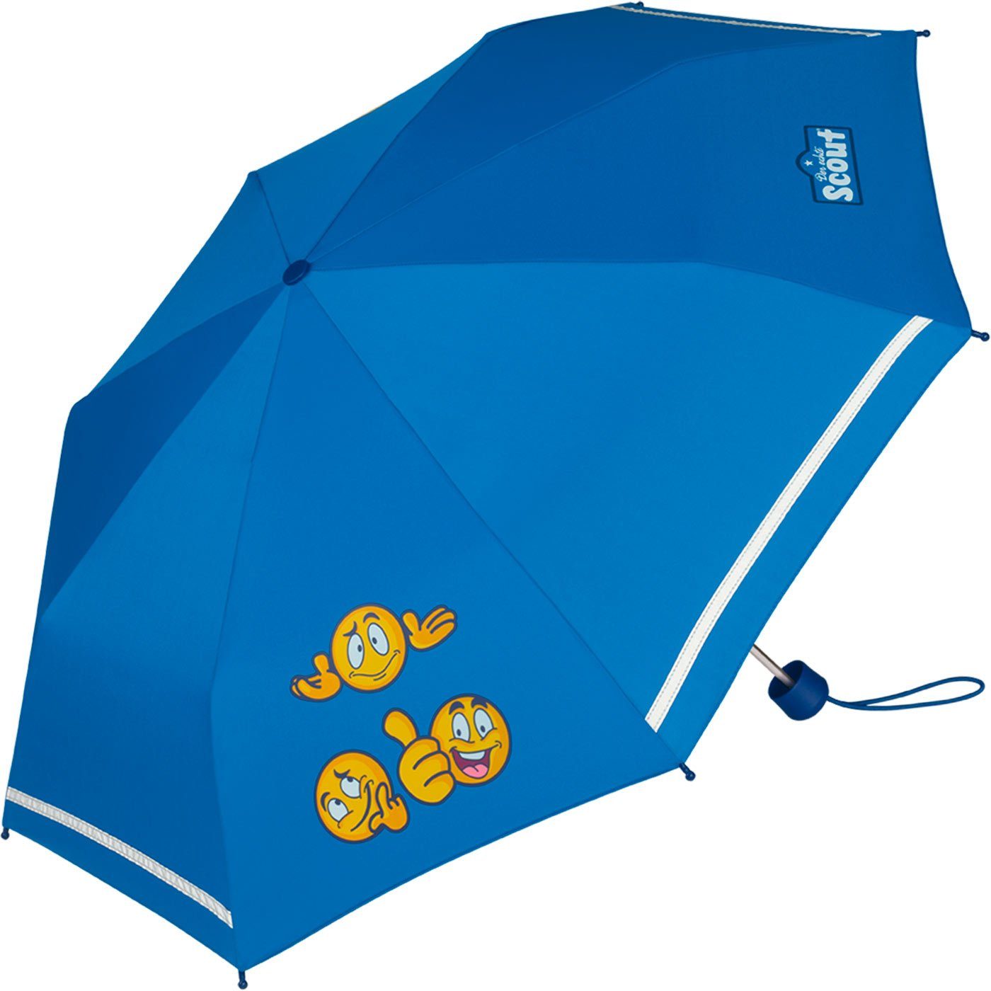 Scout Taschenregenschirm reflektierend für Mini Kinder leicht bedruckt, Kinderschirm extra Emoji-blau gemacht
