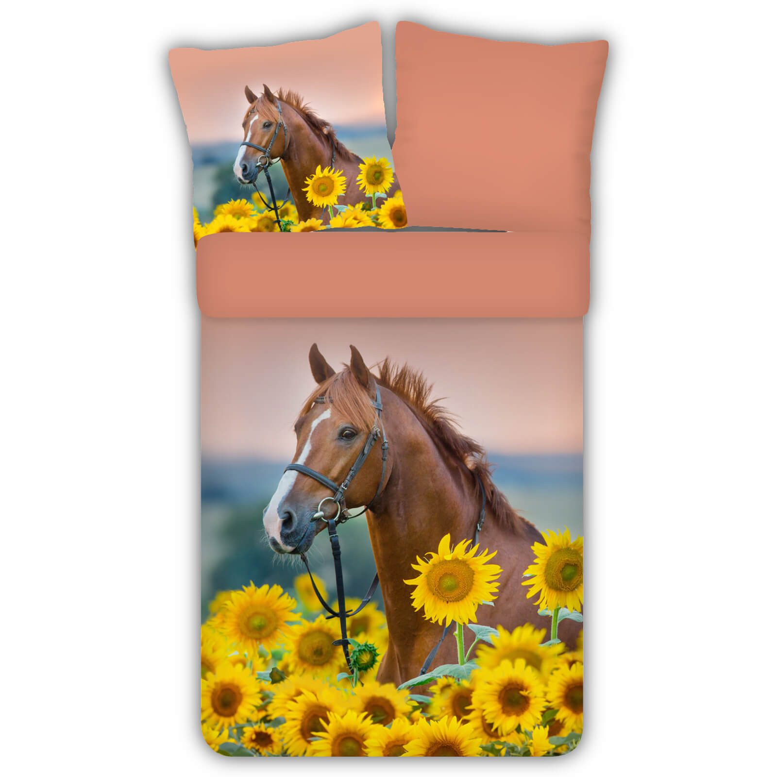 ESPiCO Kinderbettwäsche Pferd Sonnenblumen Trendy Bedding, Renforcé, 2 teilig, Pferd, Sonnenblumen, Landschaft