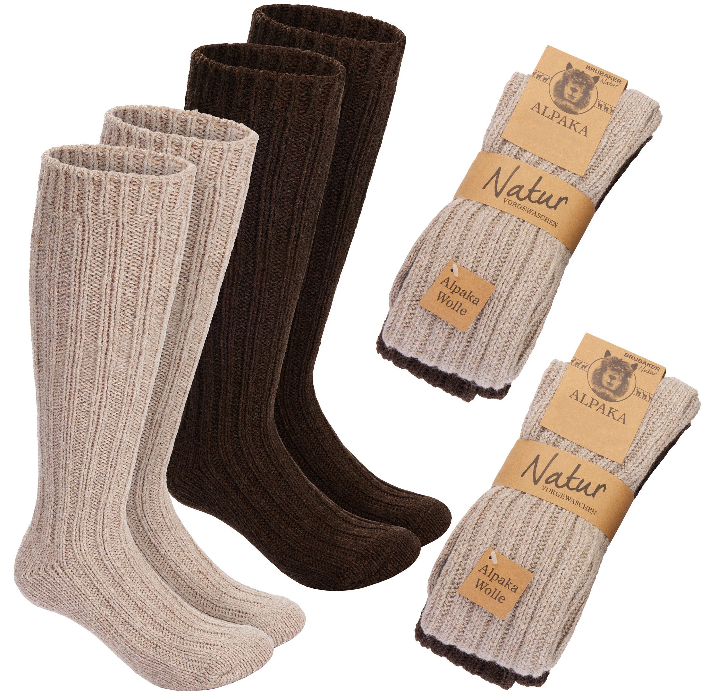 BRUBAKER Langsocken Wadenlange Alpaka Socken mit Alpakawolle - Warme Thermosocken (4-Paar, 4er Set hohe Unisex Wollsocken) Extra lange Wintersocken für Herren und Damen