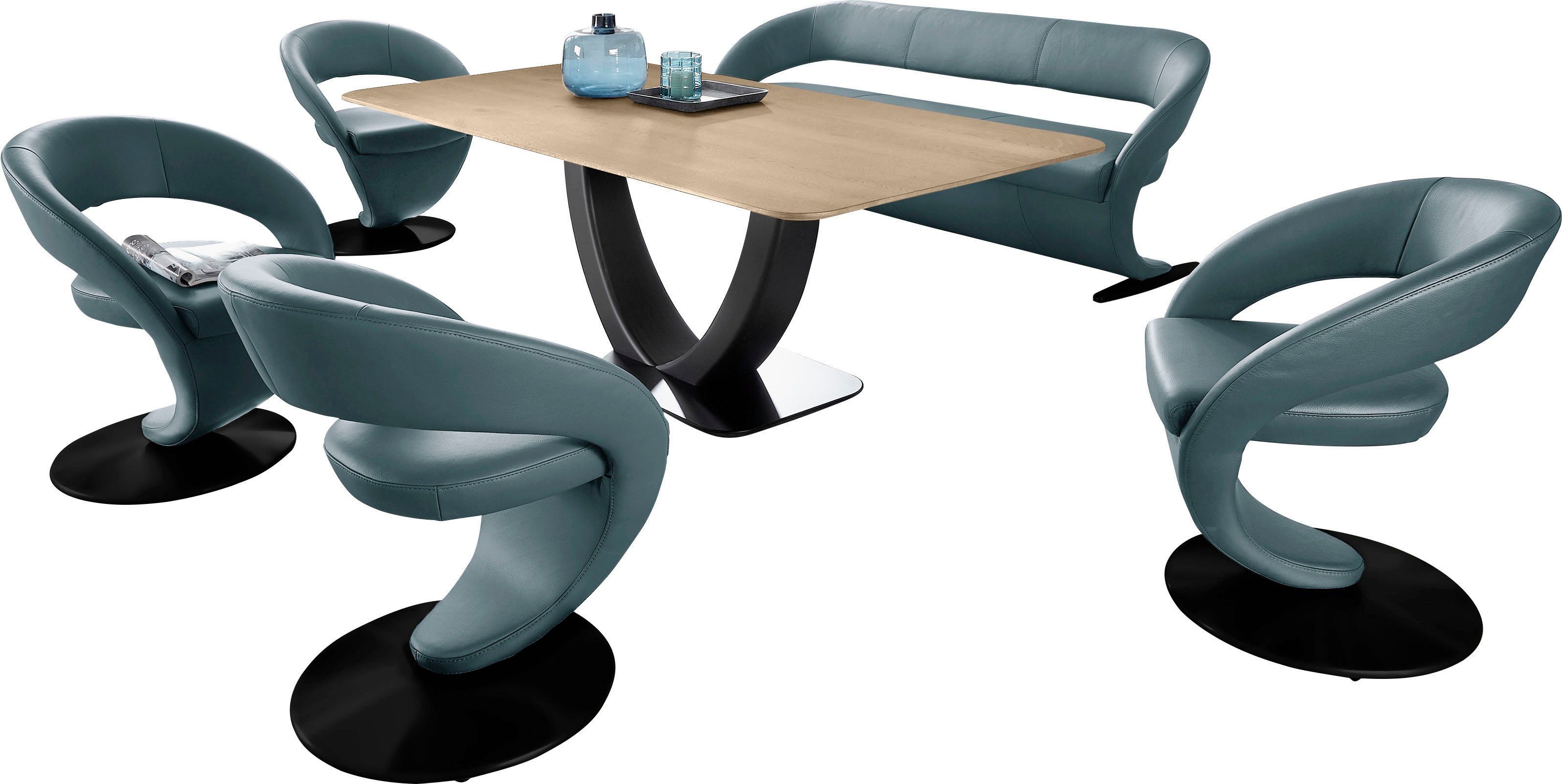 Tisch Wave, mit Komfort K+W und Design-Drehstühlen Essgruppe 4 (Set), in & Design-Solobank 180x90cm Wohnen