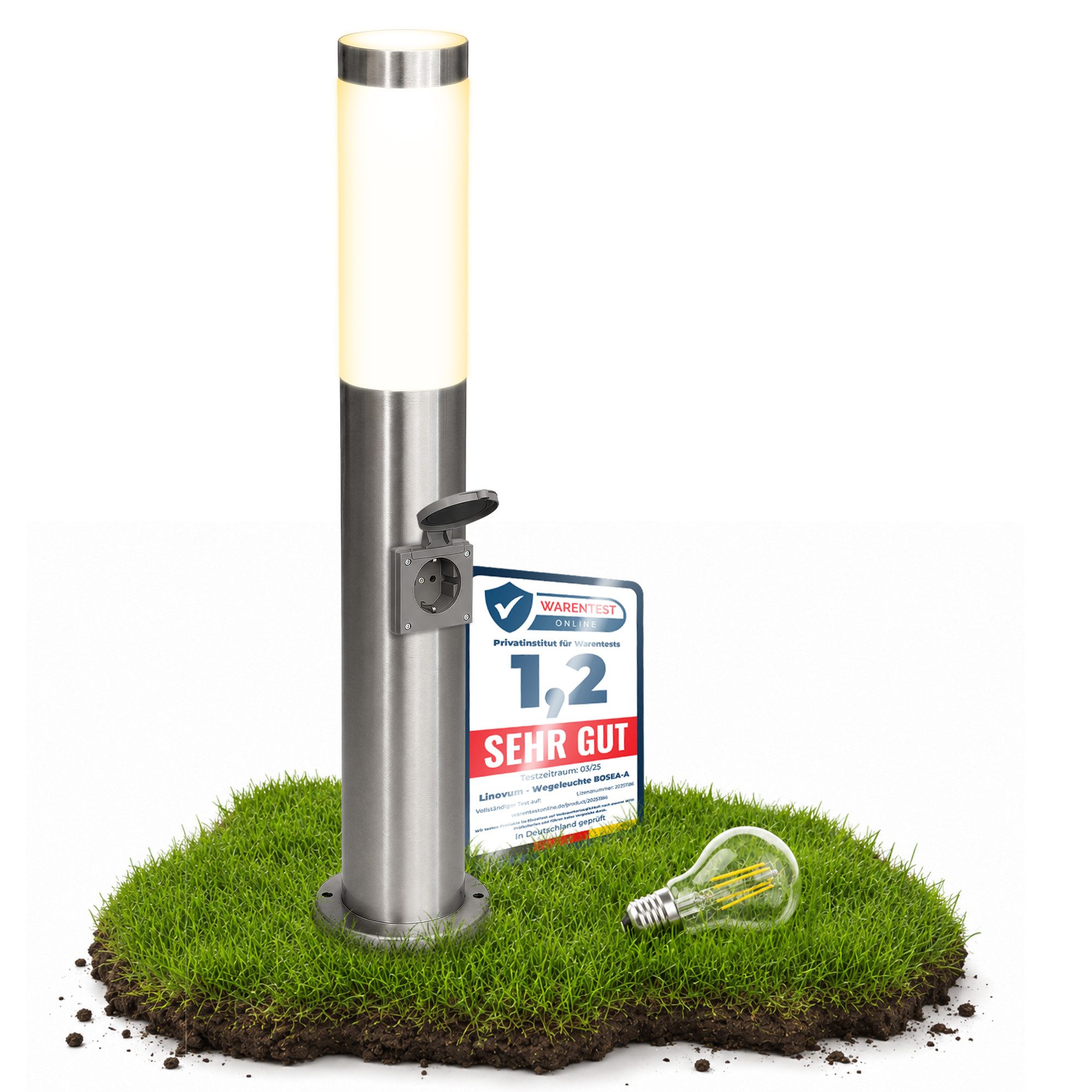 SSC-LUXon LED Pollerleuchte Wegeleuchte BOSEA-S mit Steckdose E27 IP44 LED E27 Birne warmweiß 4W, Warmweiß