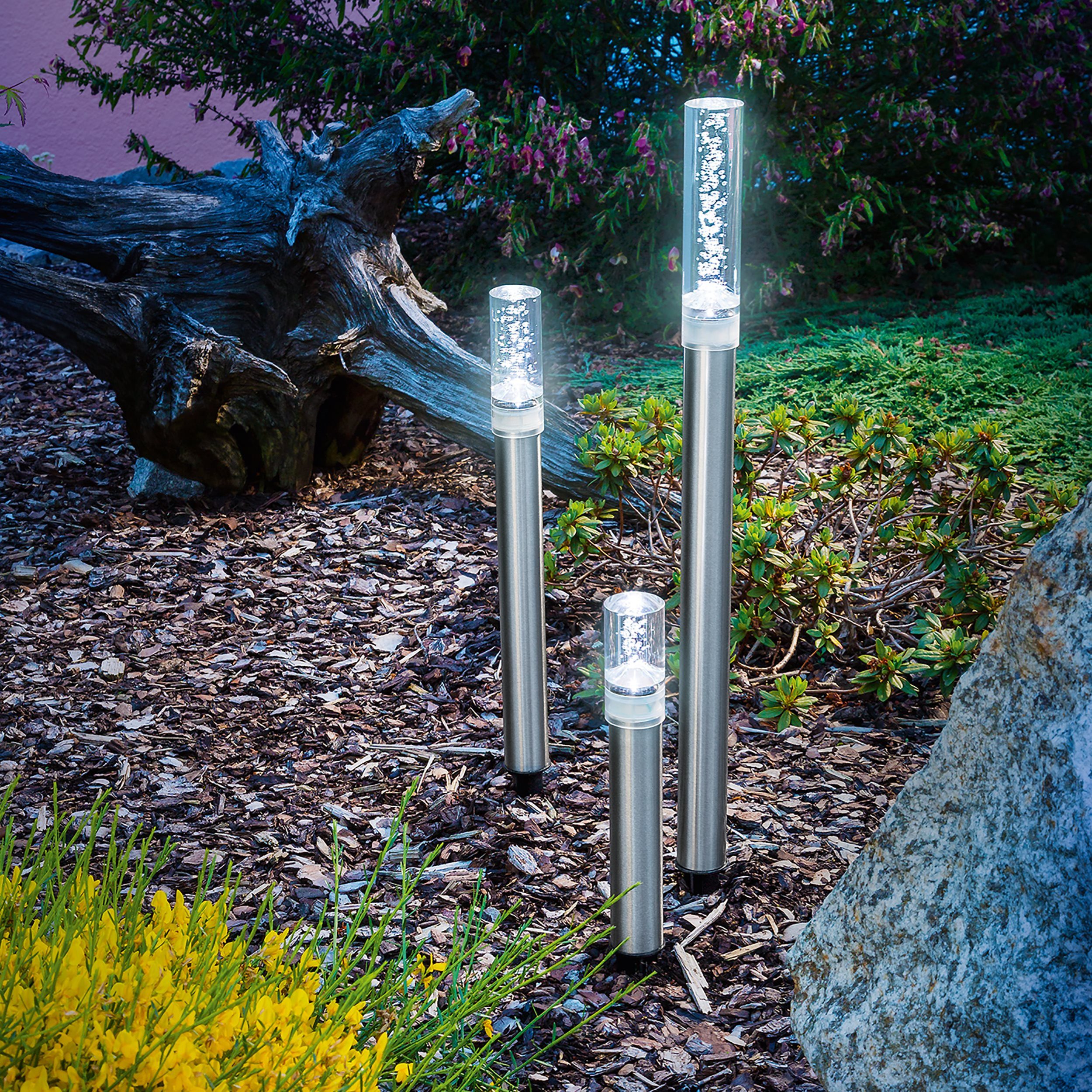 esotec LED Gartenleuchte 3x Solar Leuchtstab Trio Sticks kaltweiß H22+35+50cm Luftblasen 102600