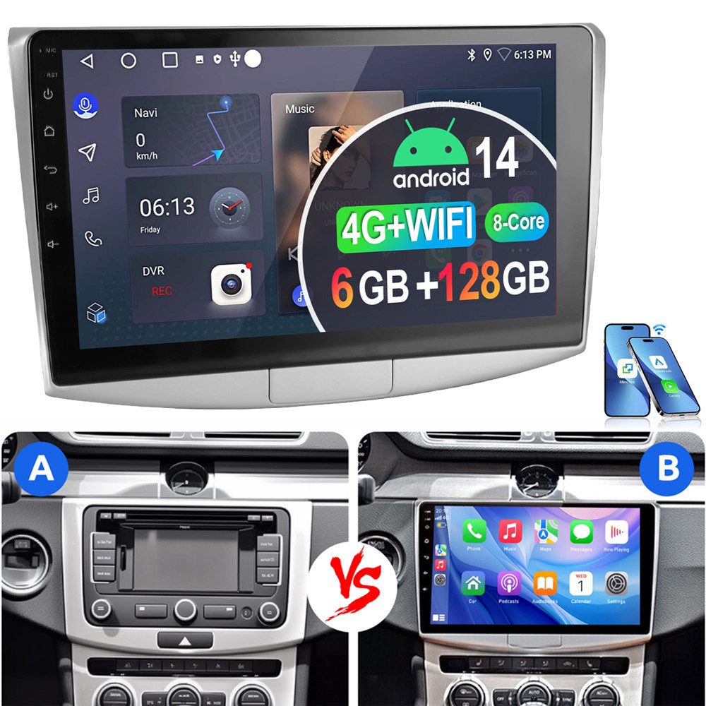 ESSGOO 8-Kern 6+128GB Für VW Passat B7 2010-2015 Autoradio Android 14 Autoradio (Digitalradio (DAB), RDS, FM, AM, 6+128GB, Apple Carplay Android Auto 4G LTE DSP SWC)