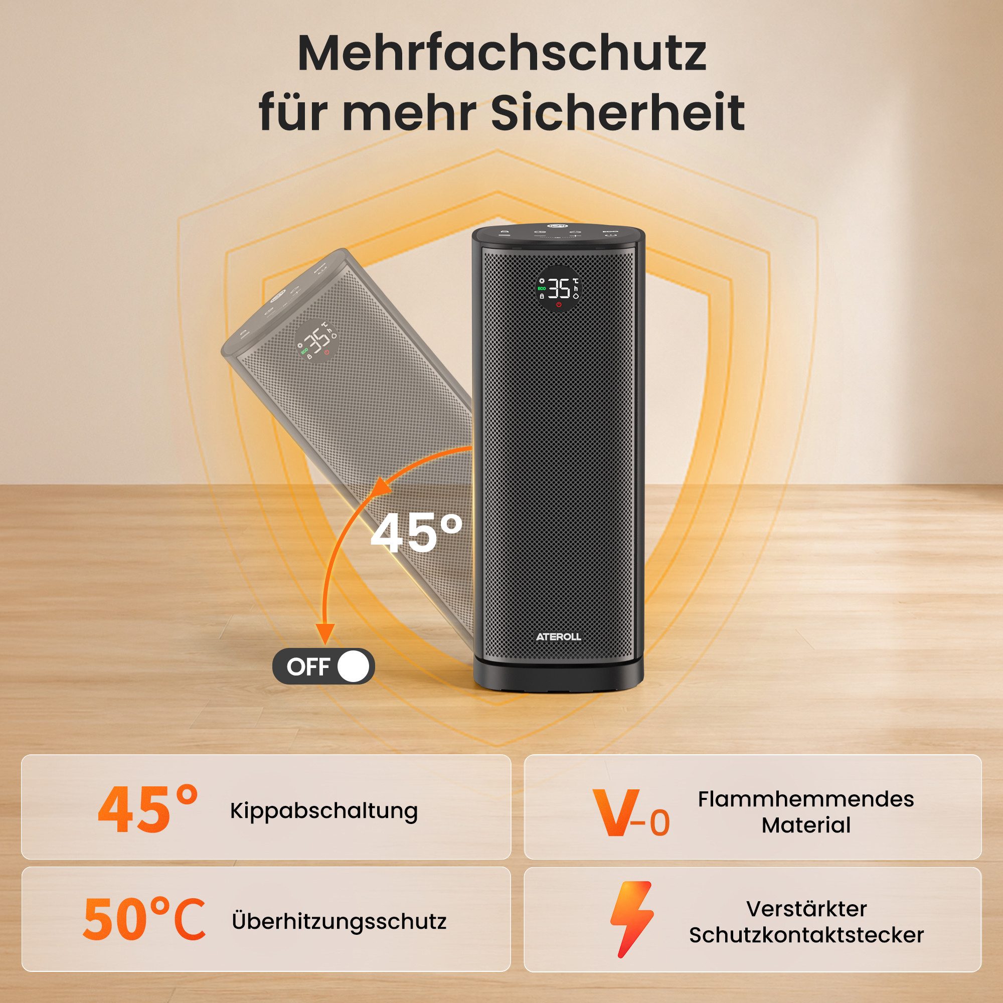 ATEROLL Heizlüfter energiesparend & leise heizgerät,Fernbedienung,Oszillation & Timer, 2000W Keramikheizlüfter mit LED-display, Überhitzungs und Kippschutz – Bild 4 von 5
