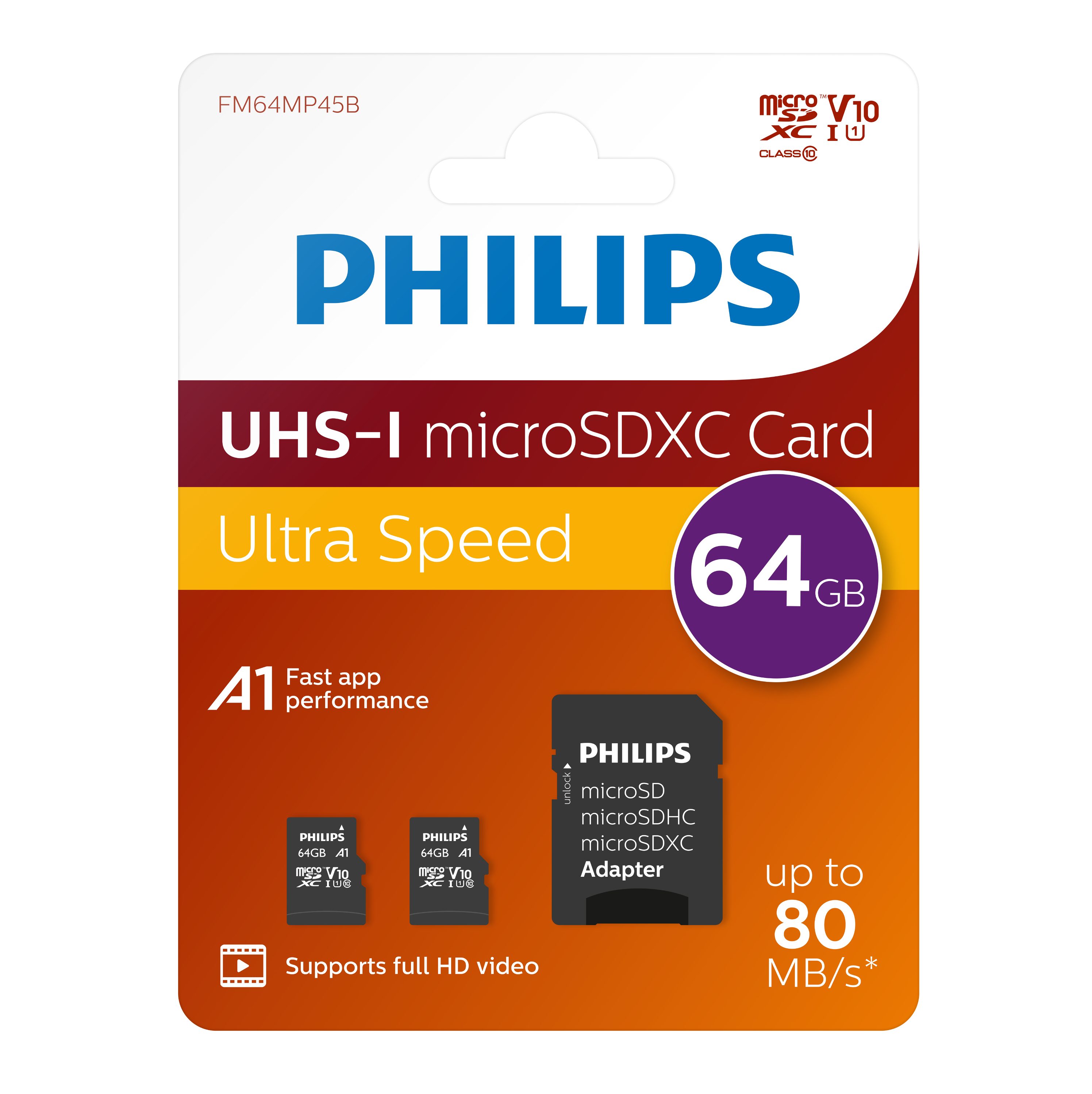 Philips FM64MP45D/00 Micro SD-Karte (USB 3.0, Lesegeschwindigkeit 80,00 MB/s, 2x 64 micro SD-Karte, Adapter)