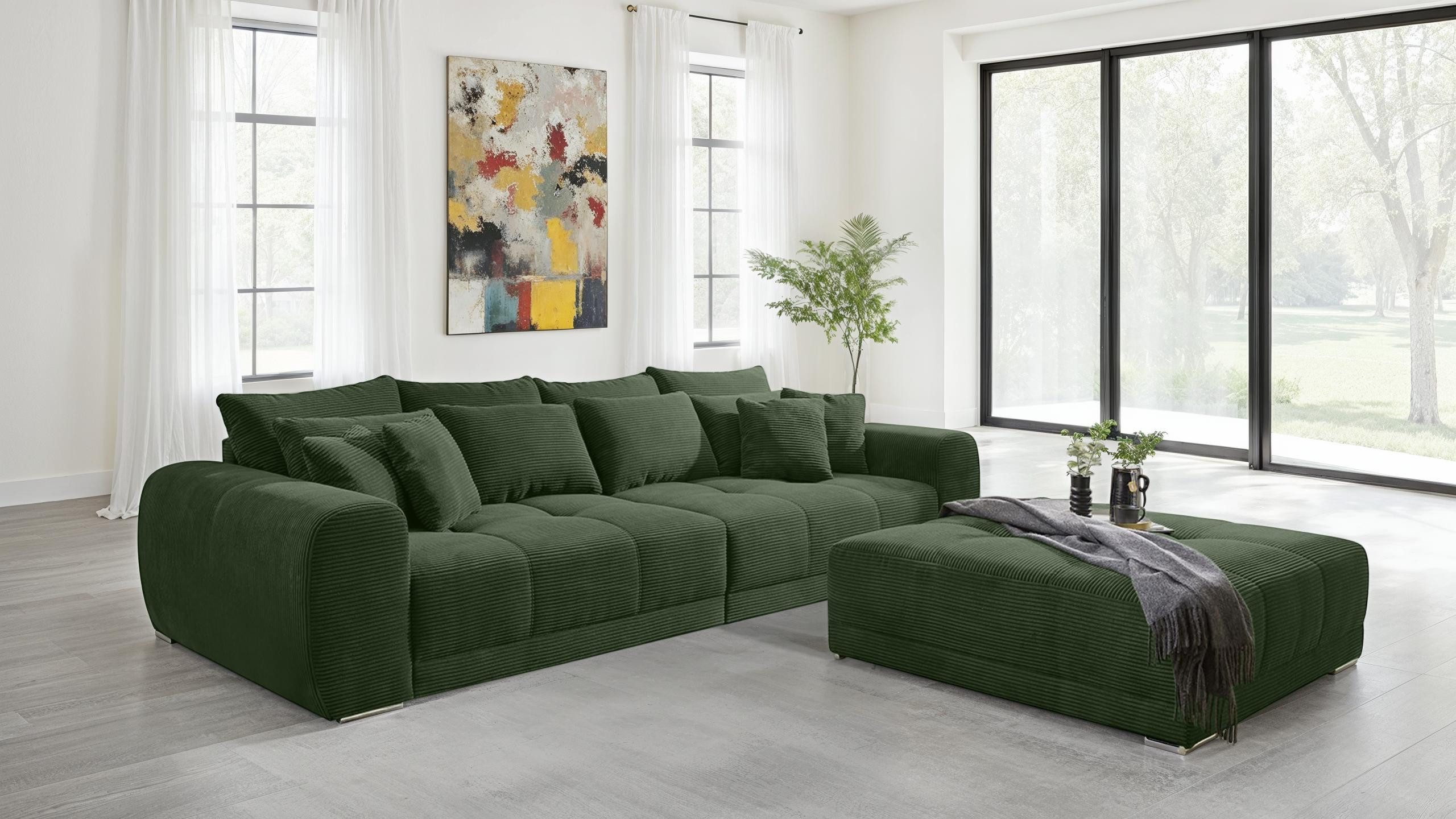 luma-home Big-Sofa 15172, XXL-Couch B306/T134/H86 cm, Liegefläche 120x240 cm mit Federkernpolsterung, viele Kissen, markante Steppungen, Cordstoff Grün