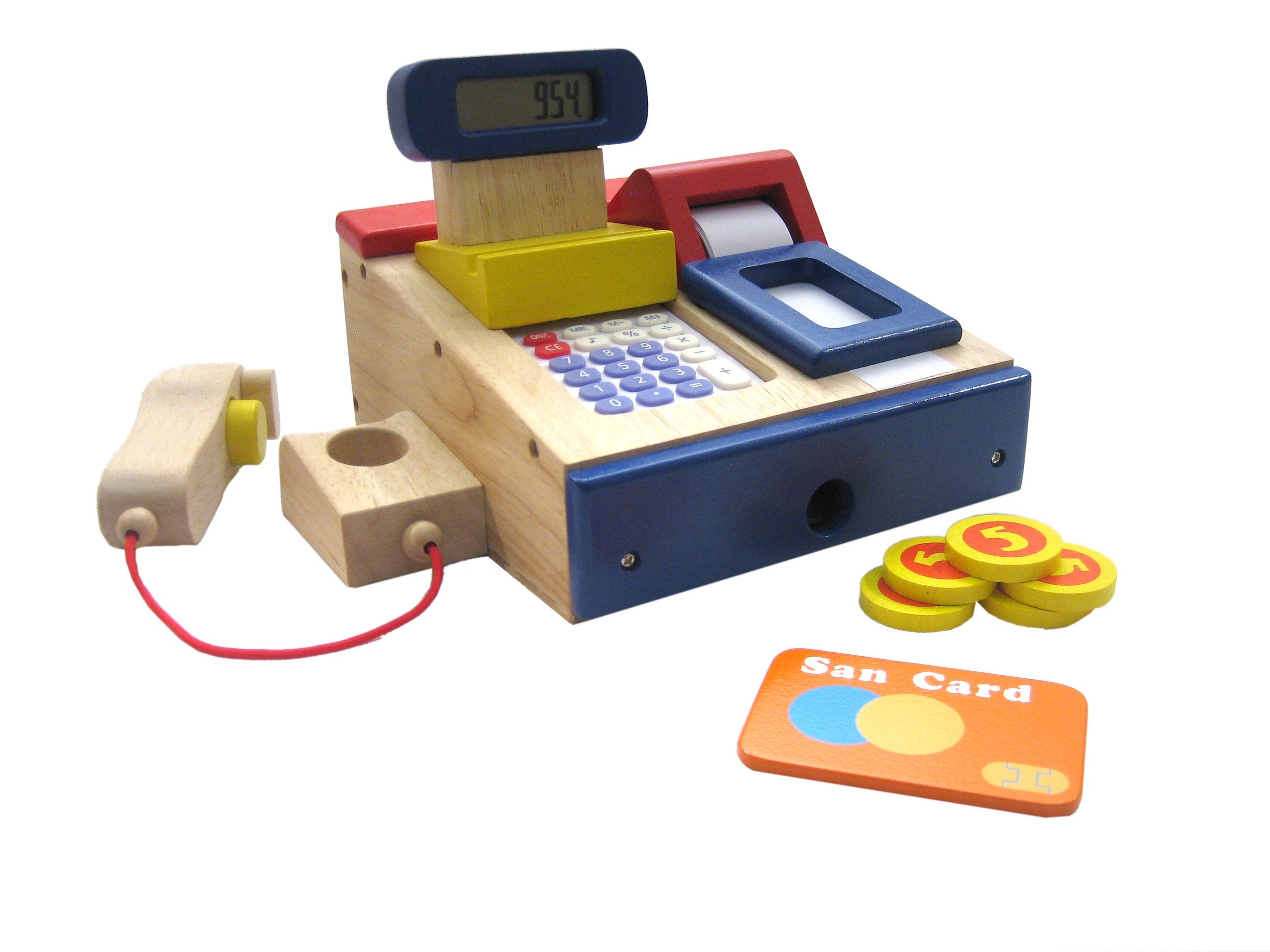 2in1 Spaß und Lernen Holzkasse mit Taschenrechner und Kartenleser 