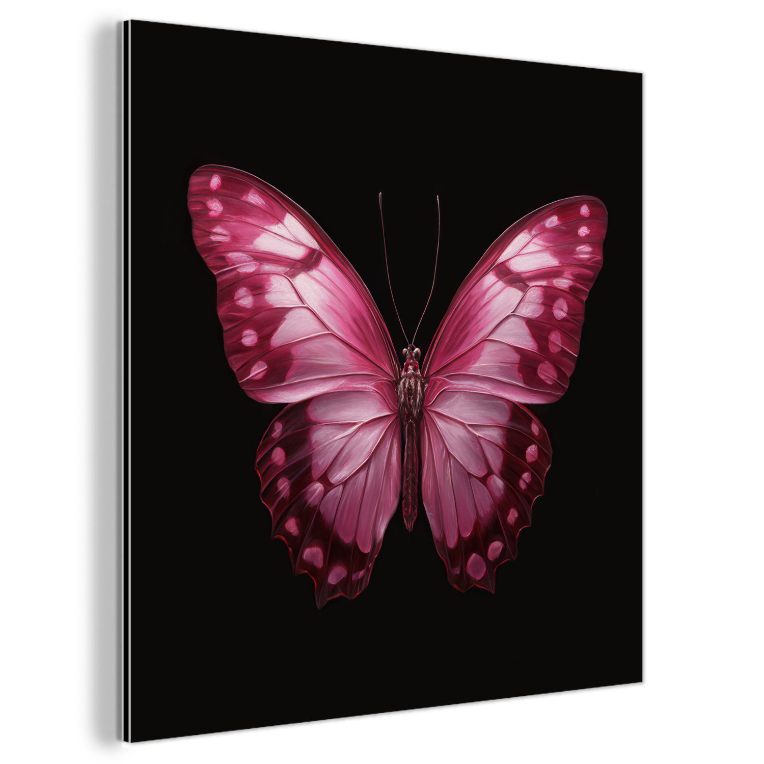 MuchoWow Metallbild Schmetterling - Fuchsia - Grafik, Inkl. Aufhängung, Alu-Dibond-Druck, Wandbild aus Metall, Aluminium deko, 20x20 cm