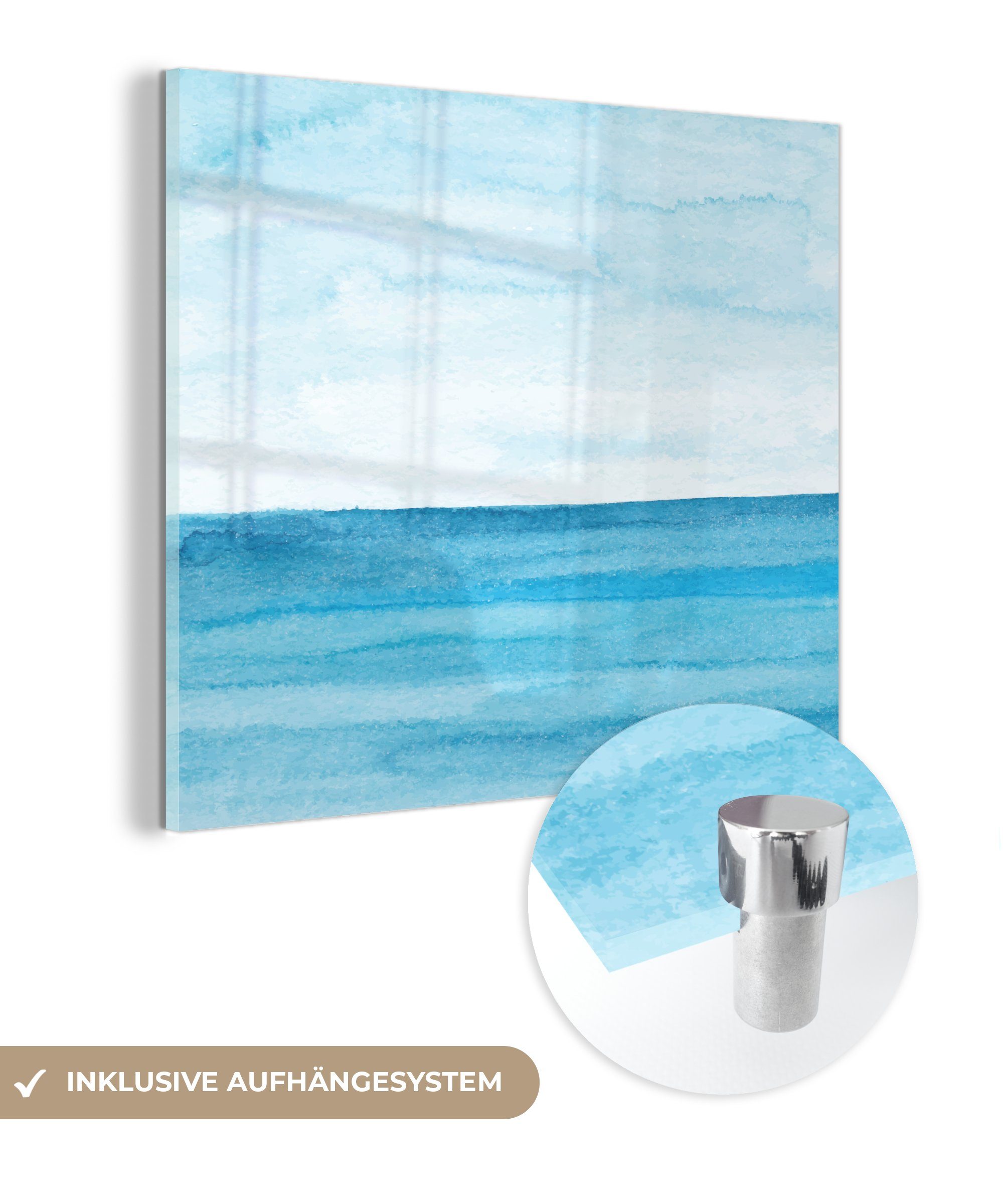 MuchoWow Acrylglasbild Meer - Aquarell - Blau, (1 St), Glasbilder - Bilder auf Glas Wandbild - Foto auf Glas - Wanddekoration