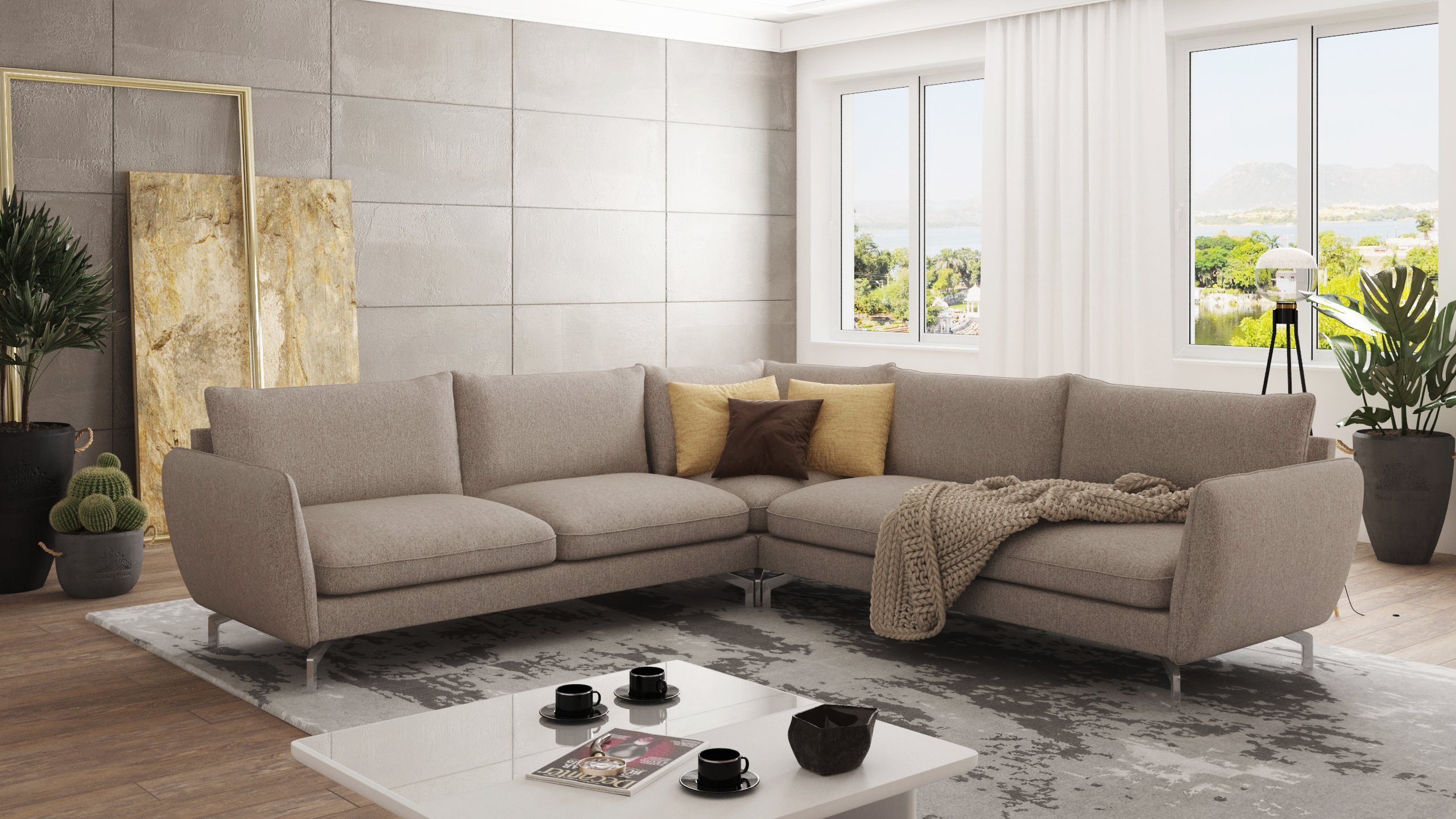 S-Style Möbel Ecksofa Modernes Benita mit Silber Metall Füßen, mane links oder rechts bestellbar, mit Wellenfederung Dunkelbeige