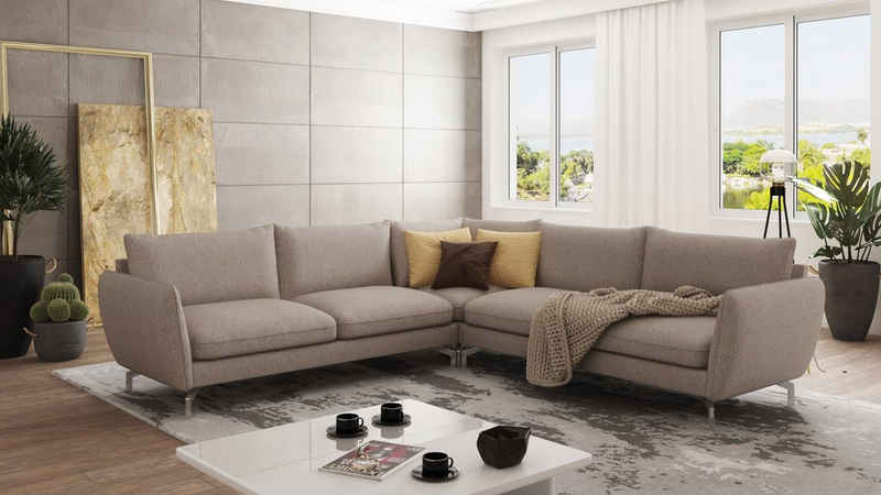 S-Style Möbel Ecksofa Modernes Benita mit Silber Metall Füßen, Ottomane links oder rechts bestellbar, mit Wellenfederung
