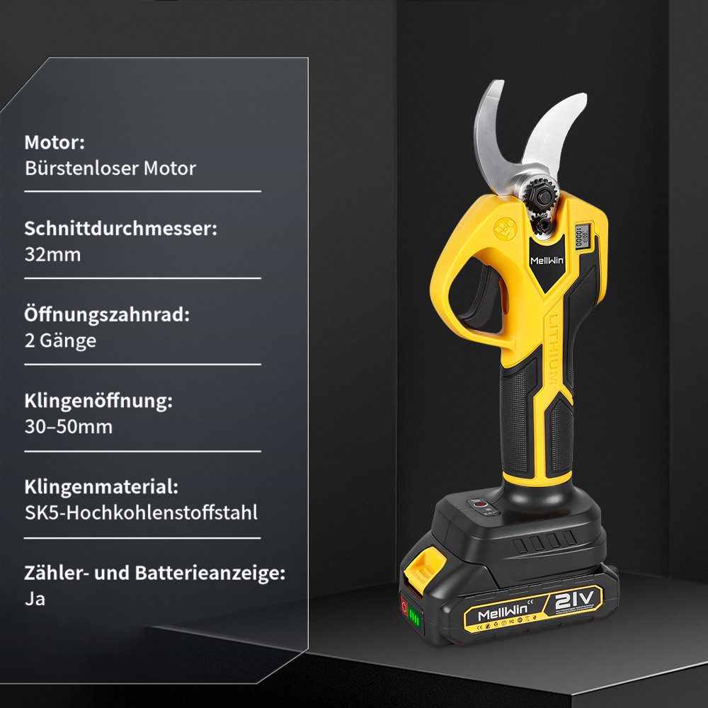 MELLWIN Akku-Astschere 21V bürstenlos bis 32 mm Schnittstärke, mit 2 x 2,0Ah Akkus, Gartenschere für Obstbäume, Sträucher & Gartenpflege