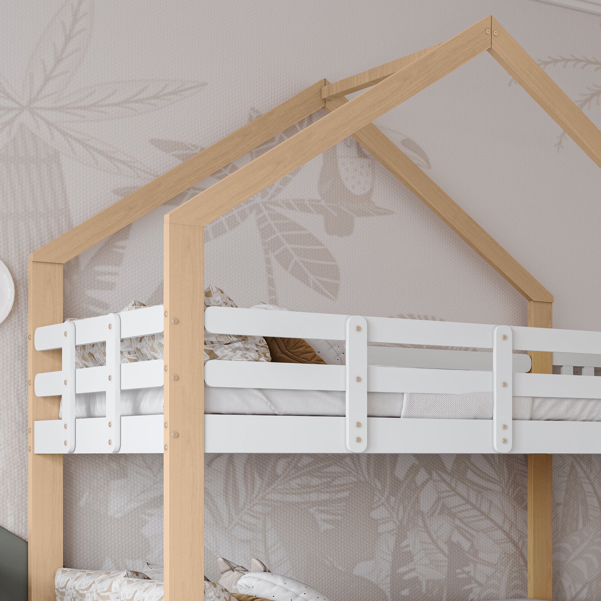 Etagenbett (Hausbett mit 2 Schubladen), Hochbett Kinderbett mit Lattenrost, Rutsche und Leiter, 90x200cm