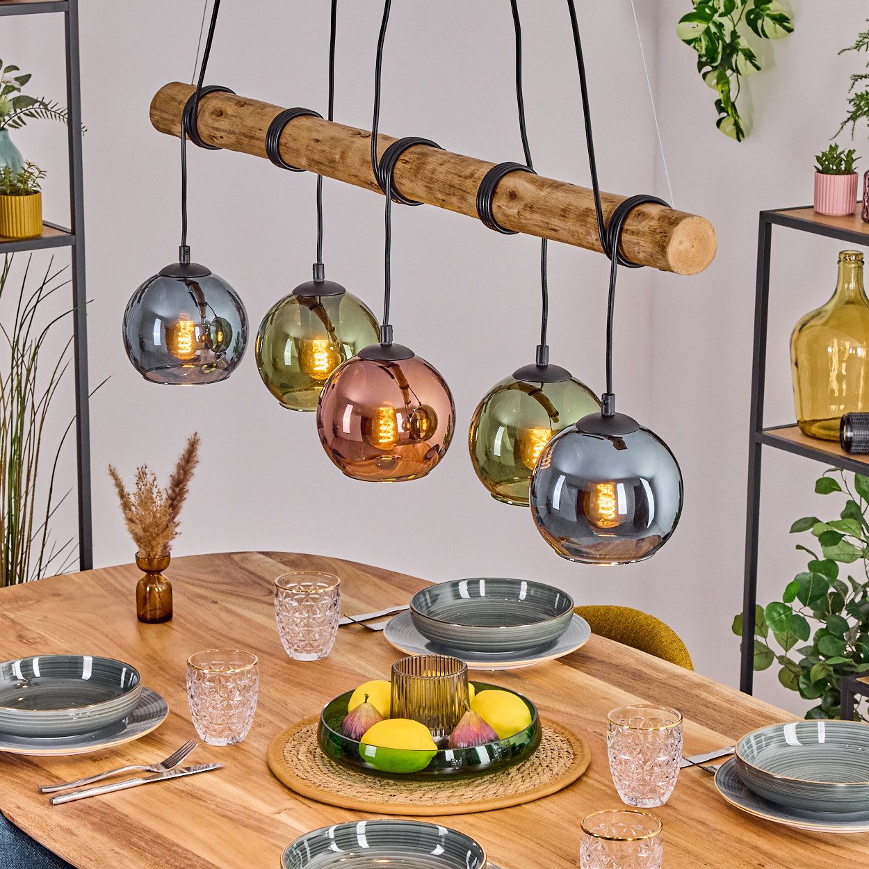 hofstein Pendelleuchte Hängelampe aus Metall/Holz/Glas in Schwarz/Natur/Blau/Grün/Kupfer, Hängeleuchte im Retro/Boho-Design mit Glasschirmen und Holzbalken, E27
