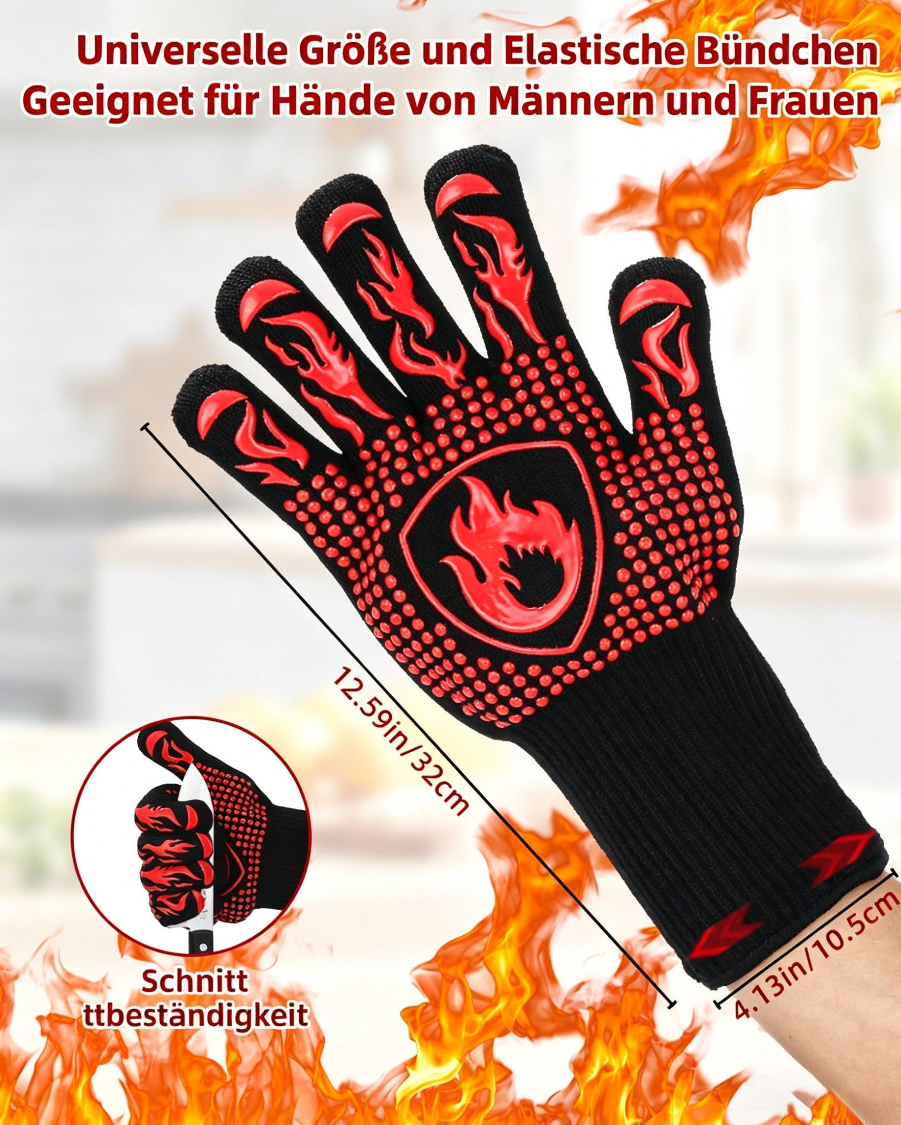 ibettertec Grillhandschuhe Hitzebeständige Handschuhe zum Grillen, Kochen und Backen, (Hitzebeständige Grill- & Ofenhandschuhe für Küche, Backen, BBQ – Schutz vor Verbrennungen und heiße Töpfe sicher greifen)