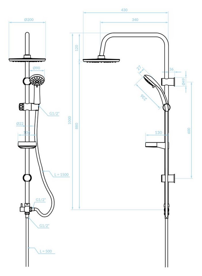Thumbnail - KOLMAN Duschsystem Regendusche set Handbrause CENTO, Höhe 100 cm, in Schwarz