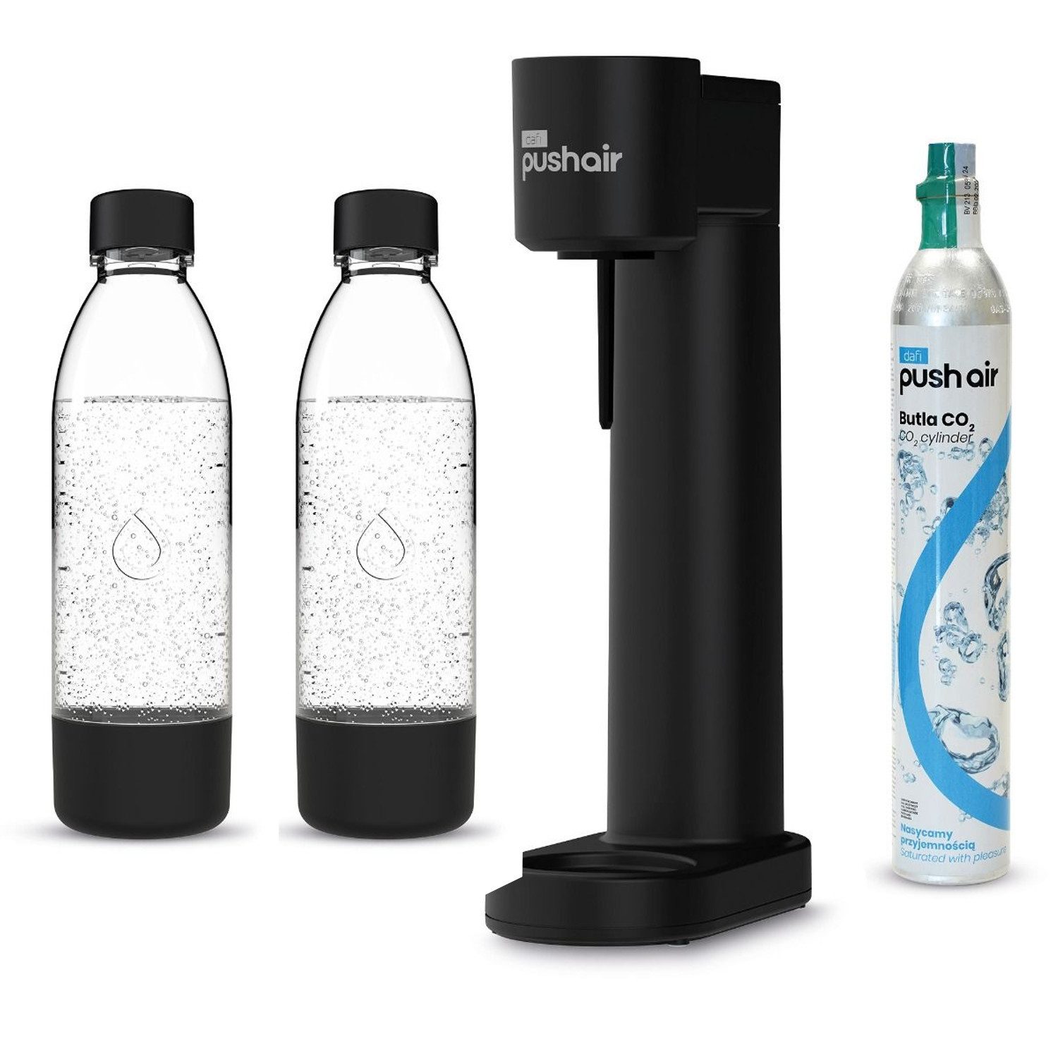 DAFI Wassersprudler Push Air Karbonisator + 2 Flaschen + CO₂-Kartusche, 2x 700-ml-Flaschen für den Sprudelwasserbereiter